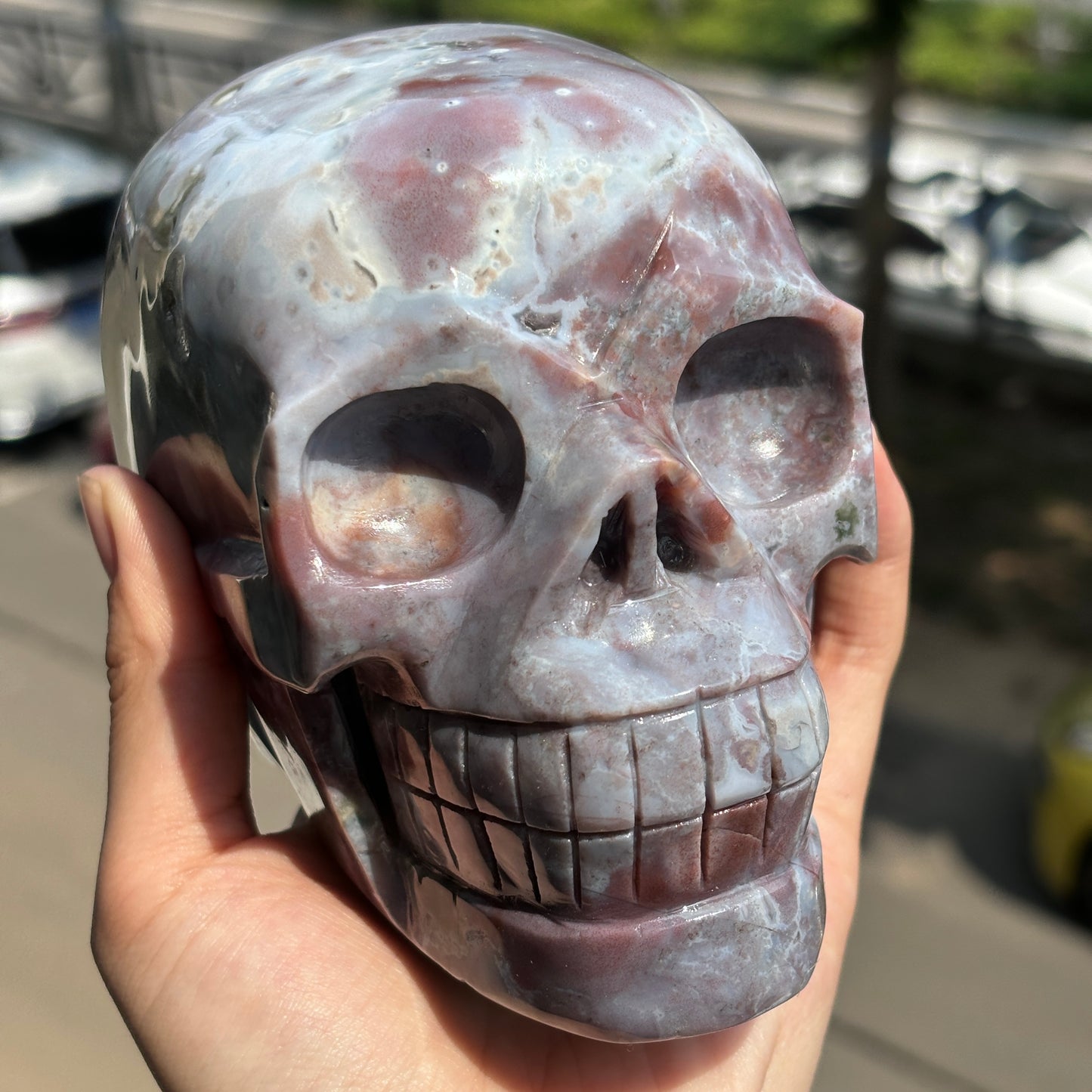 "Handcrafted Jasper Skull - Unique Artisan Stone Sculpture"