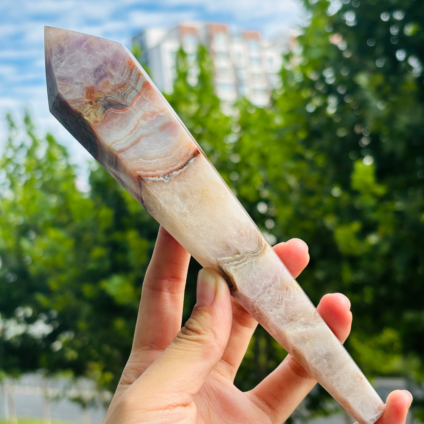 Handcrafted Banded Agate Obelisk – Large Natural Crystal Tower for Healing and Meditation