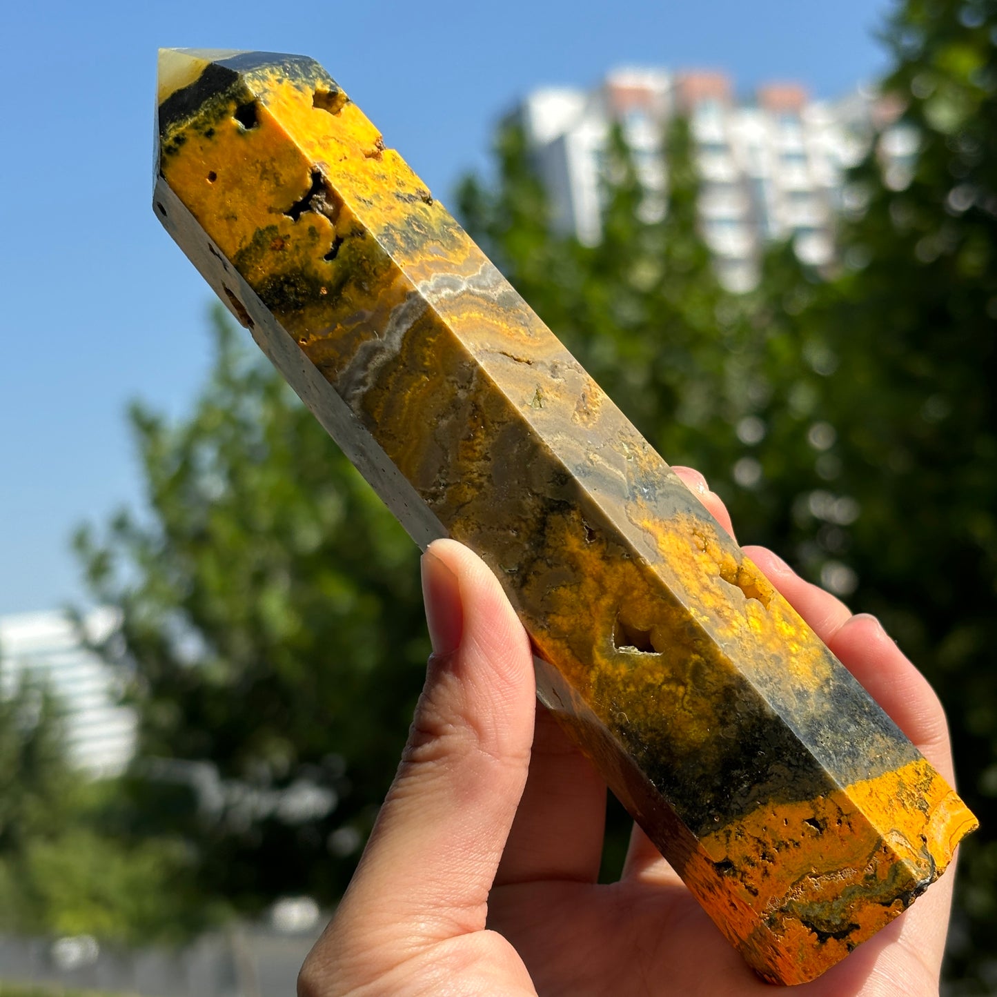 "Bumblebee Jasper Crystal Tower - Striking Yellow and Black Energy Wand, Natural Gemstone Decor"