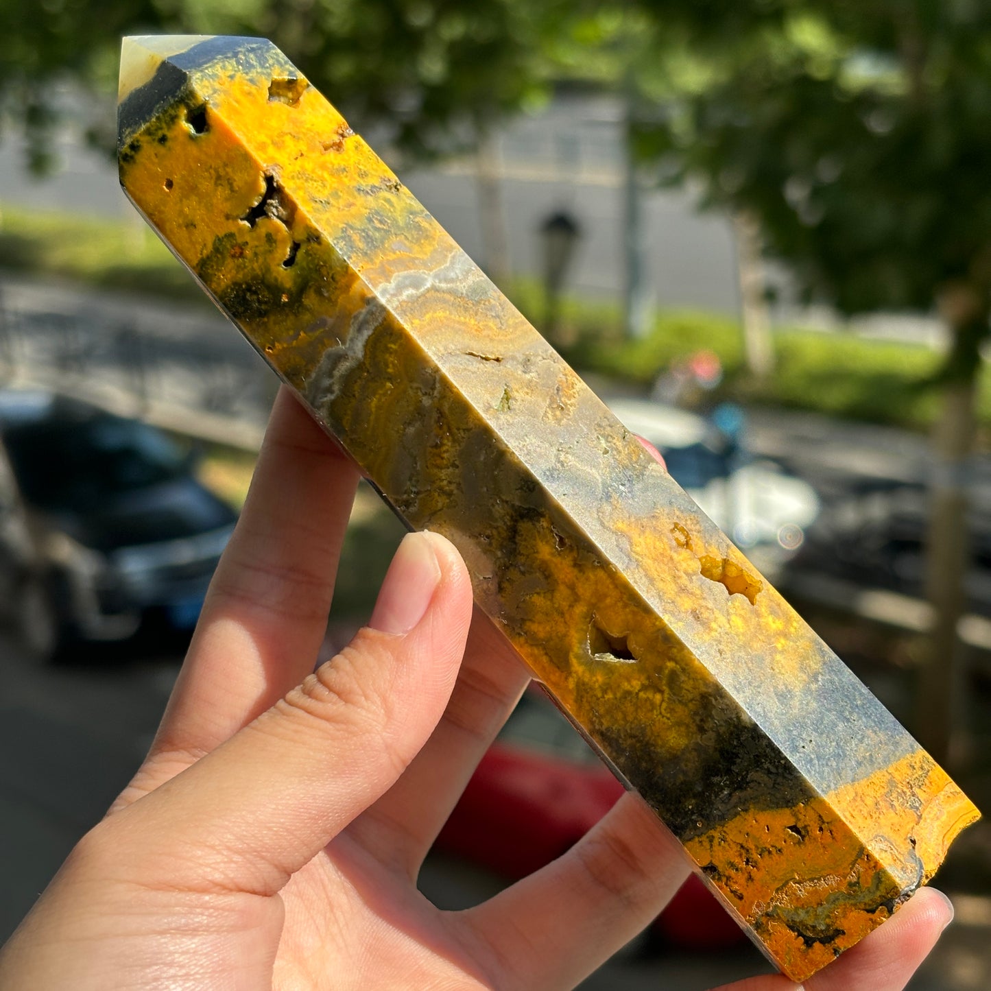 "Bumblebee Jasper Crystal Tower - Striking Yellow and Black Energy Wand, Natural Gemstone Decor"