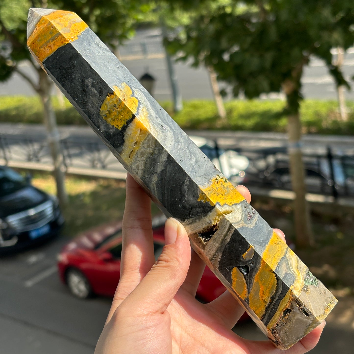 "Bumblebee Jasper Crystal Tower - Striking Yellow and Black Energy Wand, Natural Gemstone Decor"