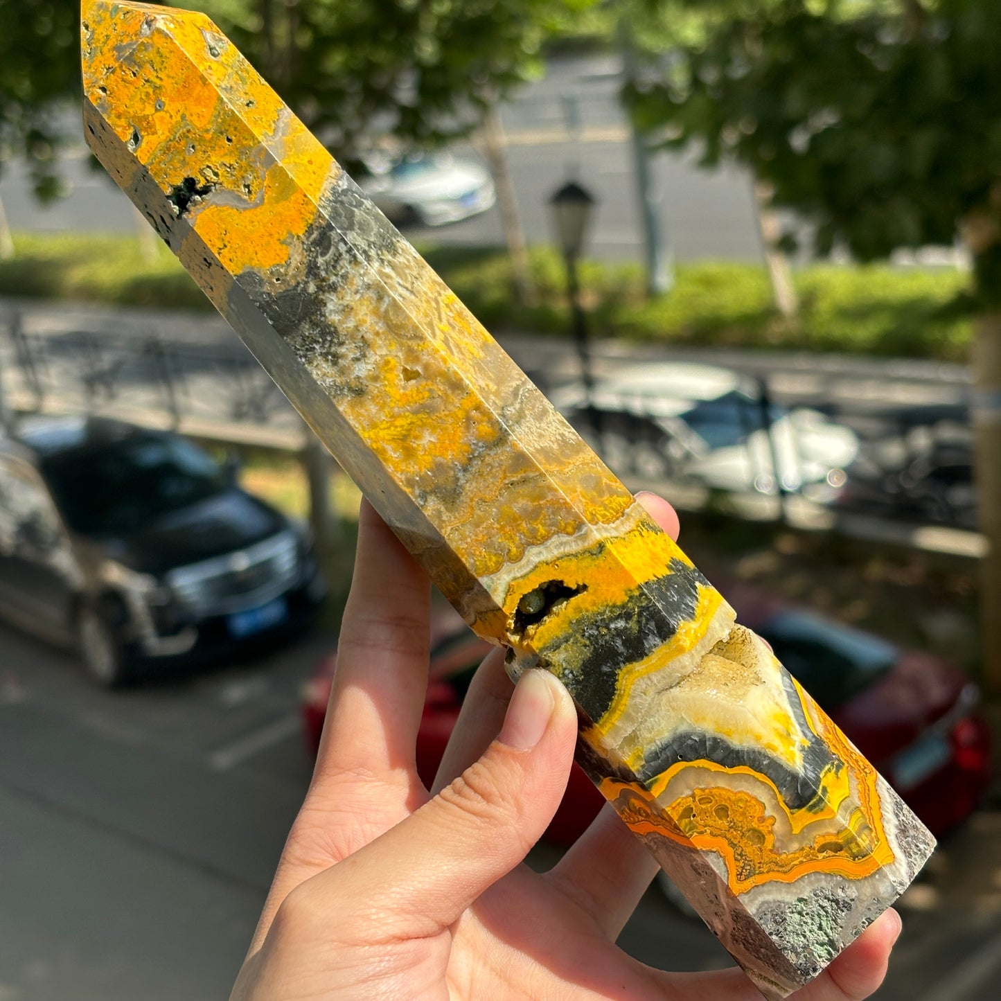 "Bumblebee Jasper Crystal Tower - Striking Yellow and Black Energy Wand, Natural Gemstone Decor"