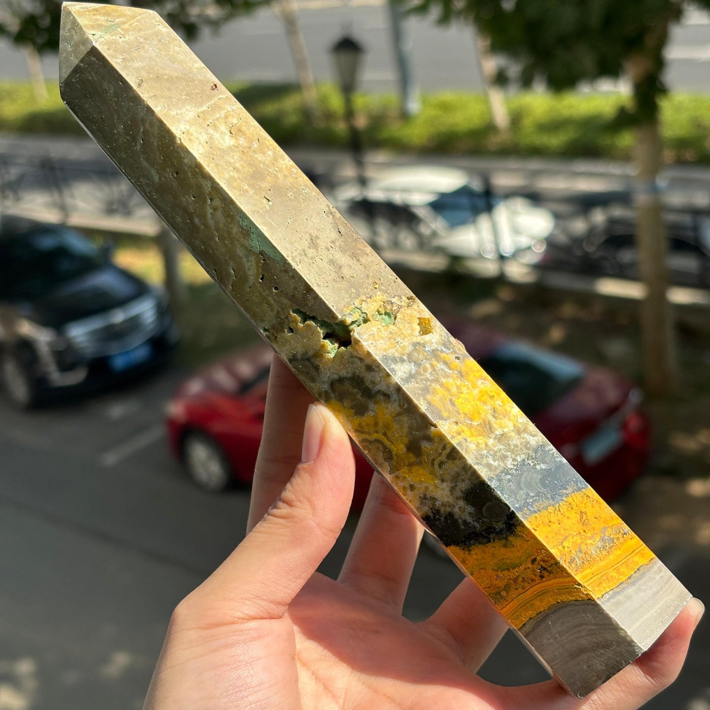 "Bumblebee Jasper Crystal Tower - Striking Yellow and Black Energy Wand, Natural Gemstone Decor"