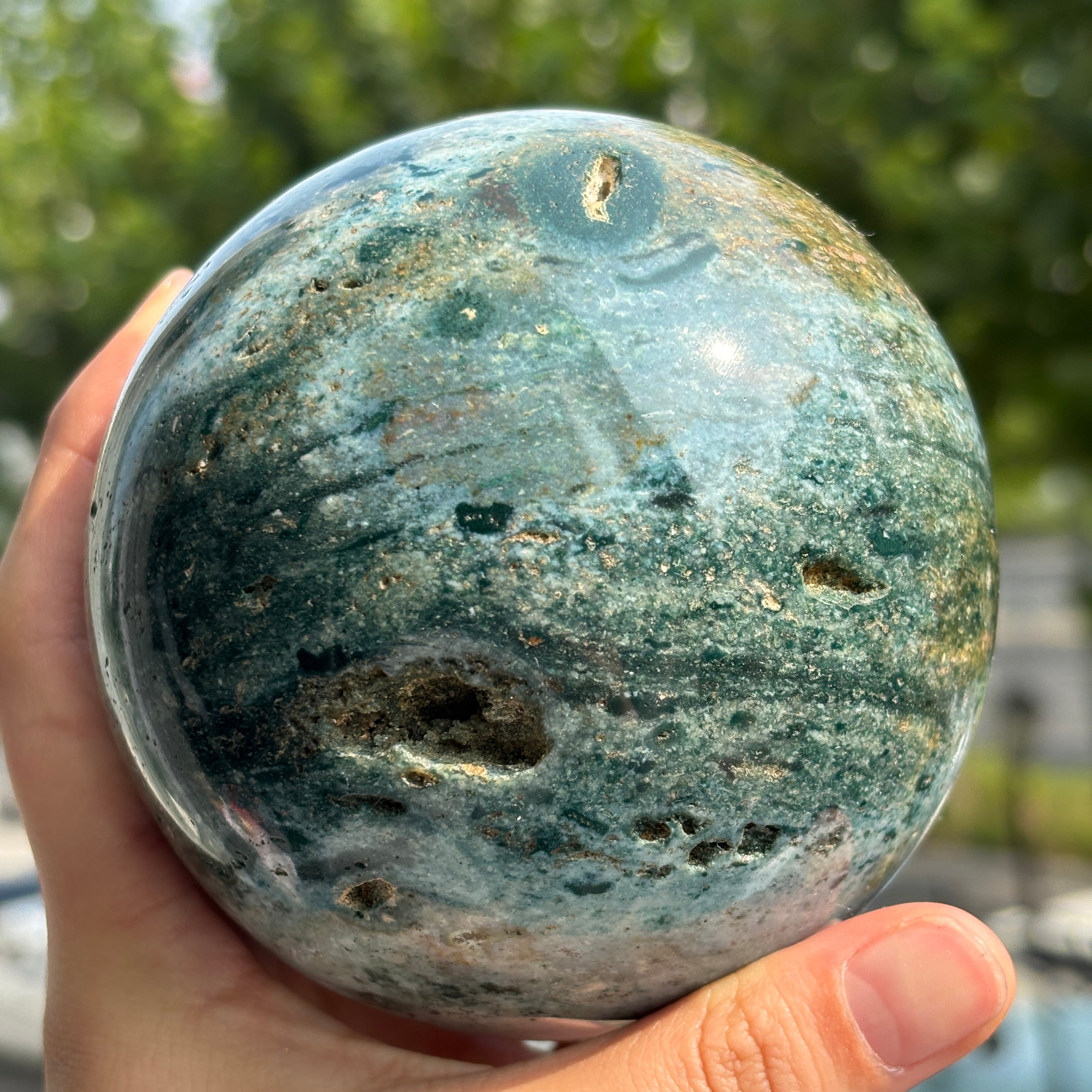 "Natural Ocean Jasper Sphere - Calming Energy and Unique Patterns"