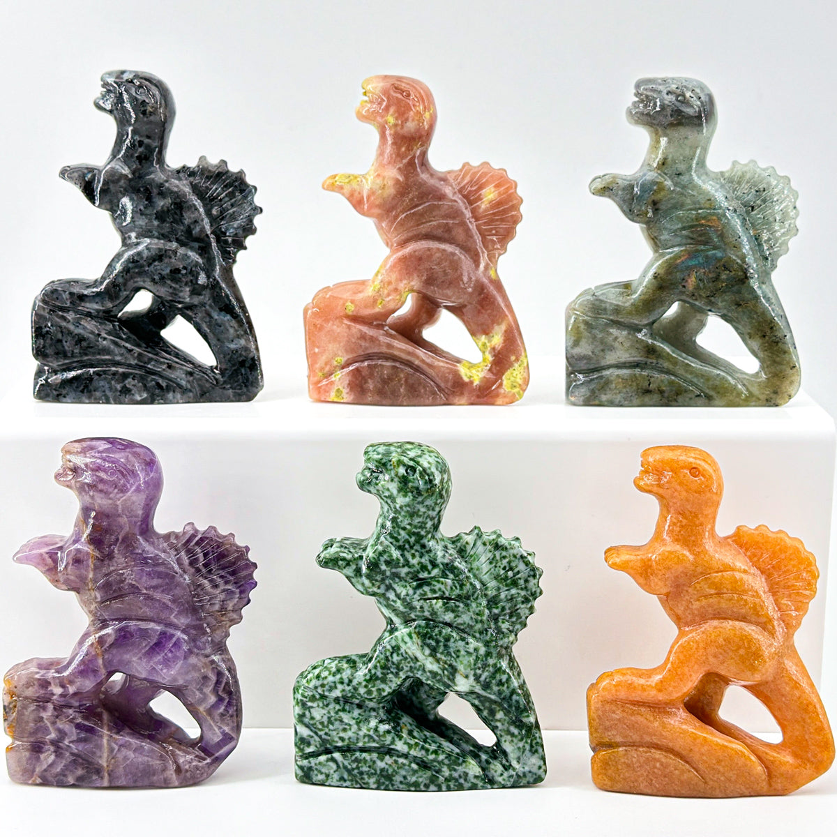 Carved Dinosaur Stone Figurines - Unique Gemstone Dinosaur Decoration