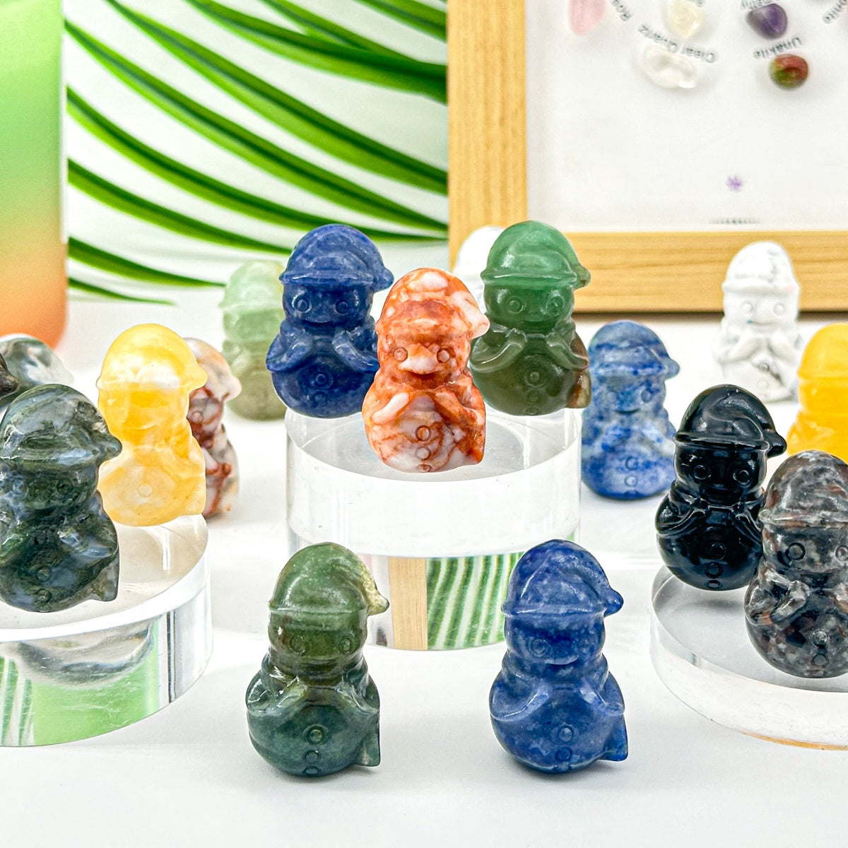 "Hand-Carved Crystal Snowman Figurines | Unique 3cm Gemstone Christmas Decor"
