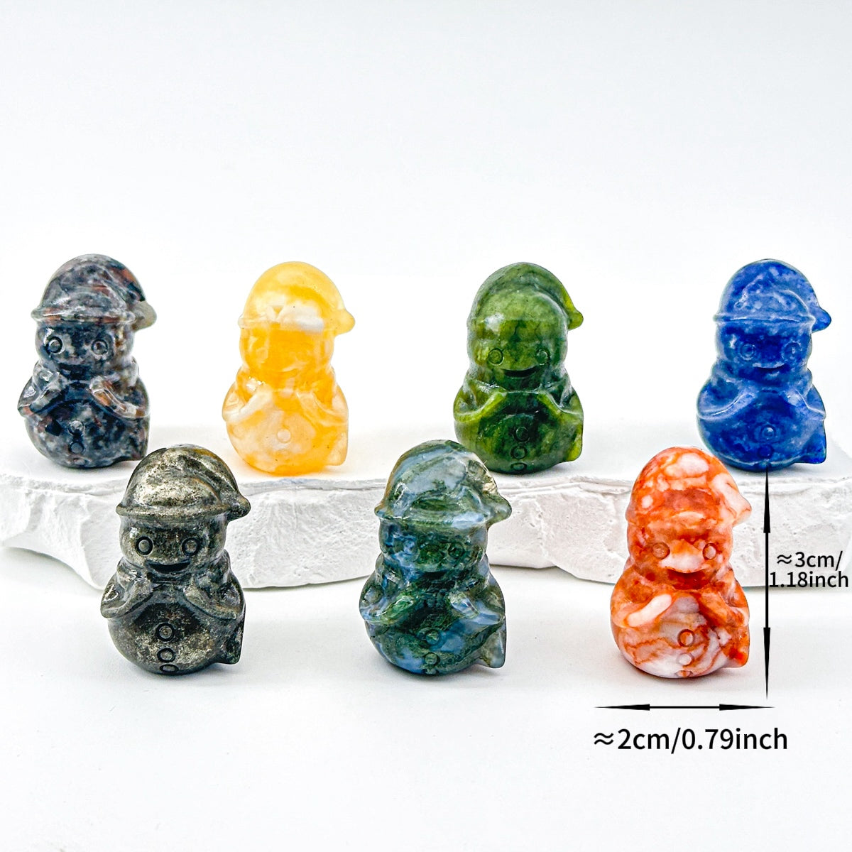 "Hand-Carved Crystal Snowman Figurines | Unique 3cm Gemstone Christmas Decor"