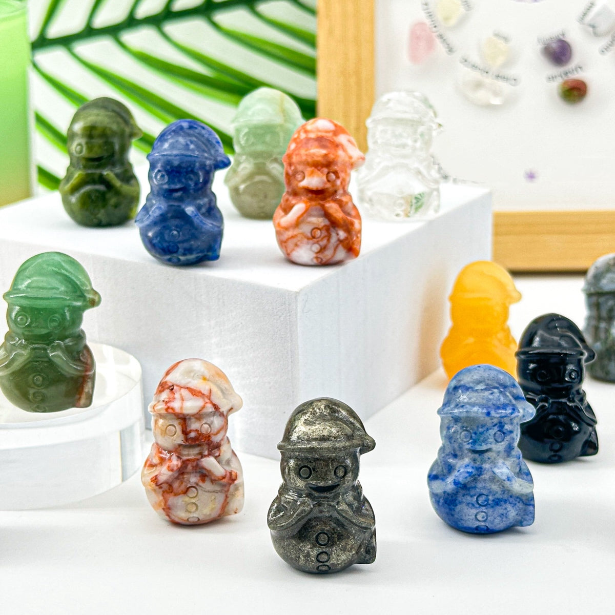 "Hand-Carved Crystal Snowman Figurines | Unique 3cm Gemstone Christmas Decor"