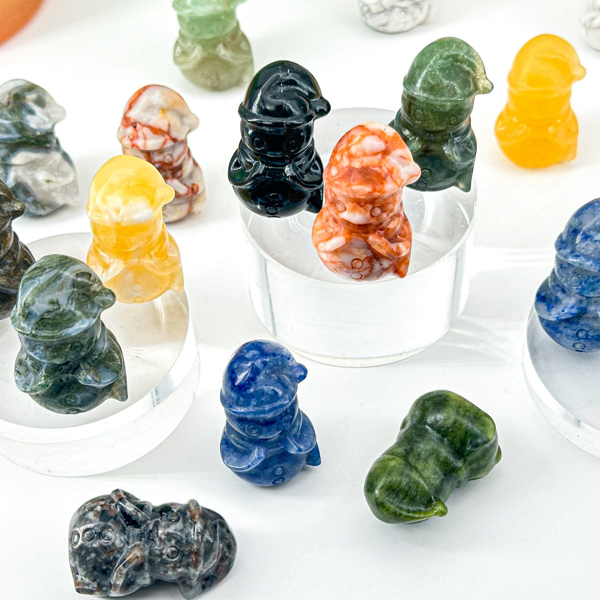 "Hand-Carved Crystal Snowman Figurines | Unique 3cm Gemstone Christmas Decor"