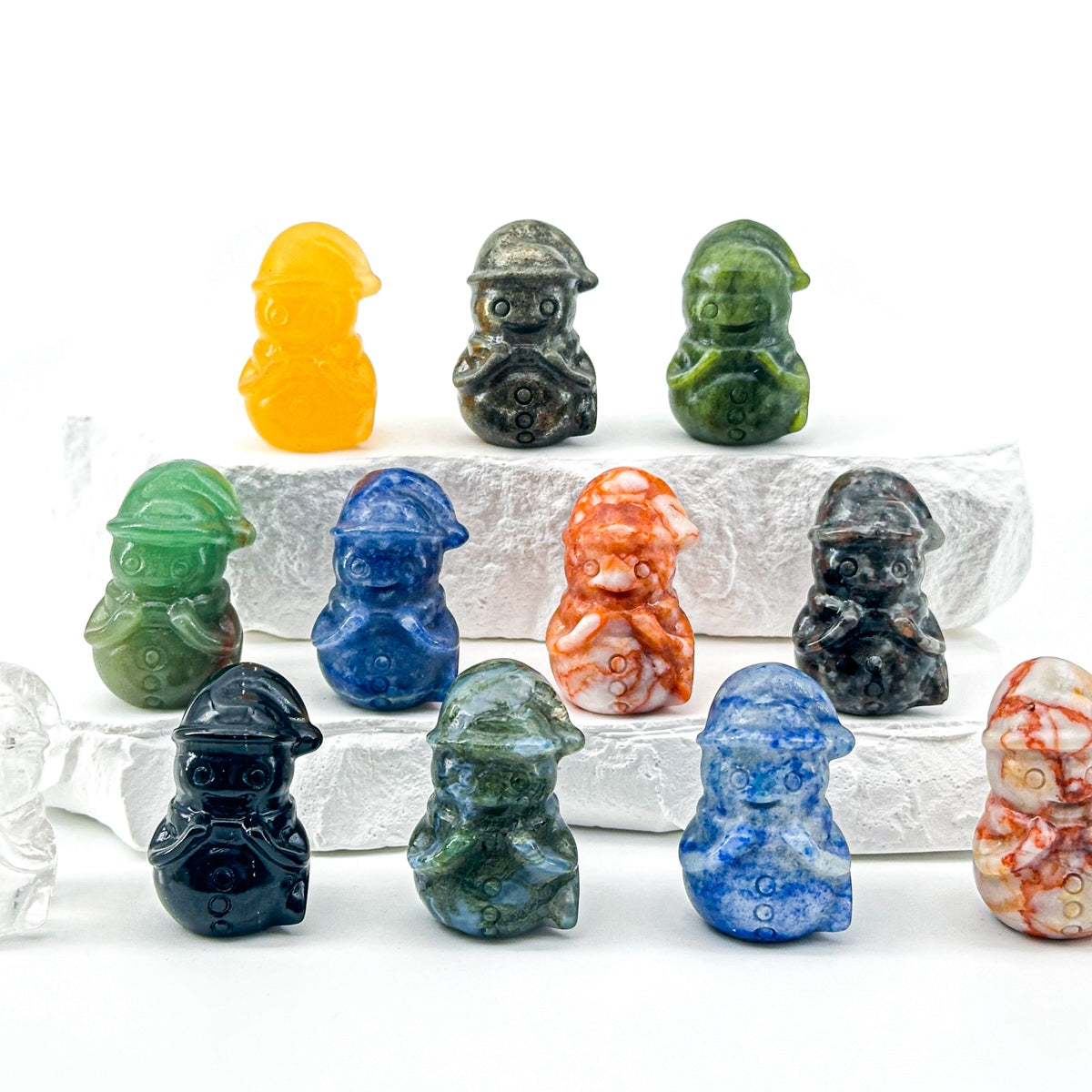 "Hand-Carved Crystal Snowman Figurines | Unique 3cm Gemstone Christmas Decor"