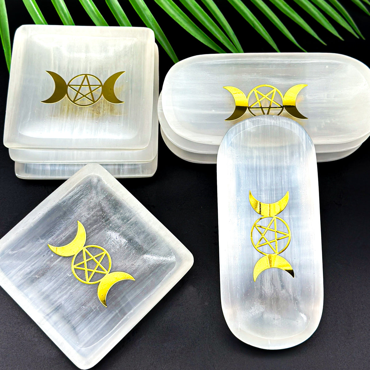 "Moon Phase Selenite Plate with Pentacle | Crystal Cleansing Tool in Square and Oval Shapes"