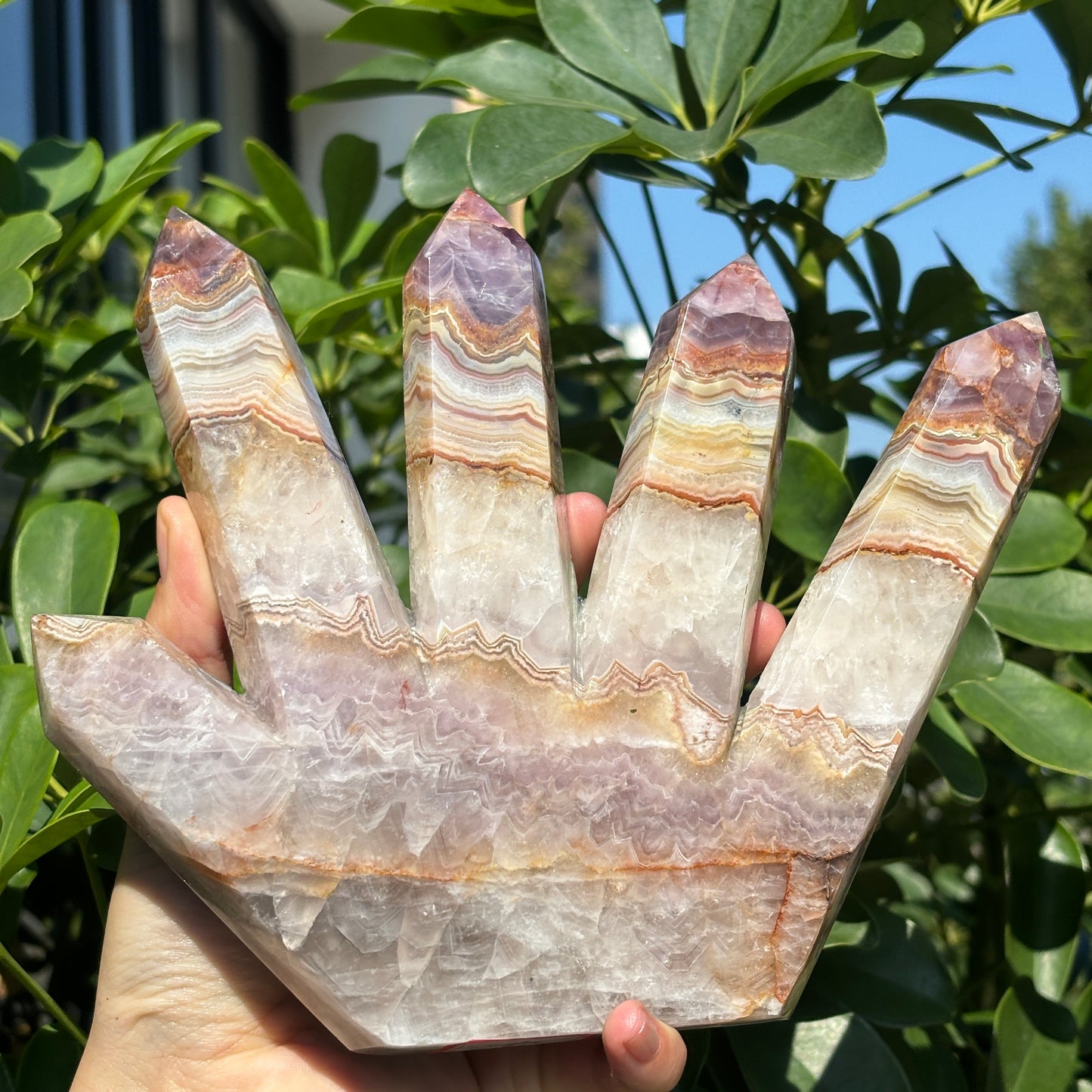 Mexican Crazy Agate and Amethyst Symbiosis Hand Carved Multi-Headed Tower – Beautiful Crystal Decoration with Natural Banding Pattern