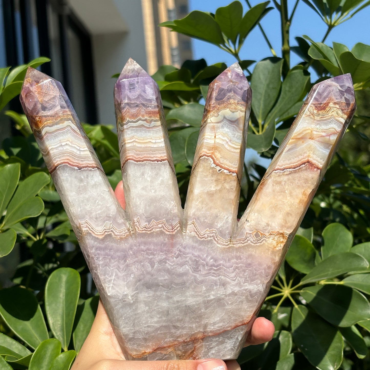 Mexican Crazy Agate and Amethyst Symbiosis Hand Carved Multi-Headed Tower – Beautiful Crystal Decoration with Natural Banding Pattern