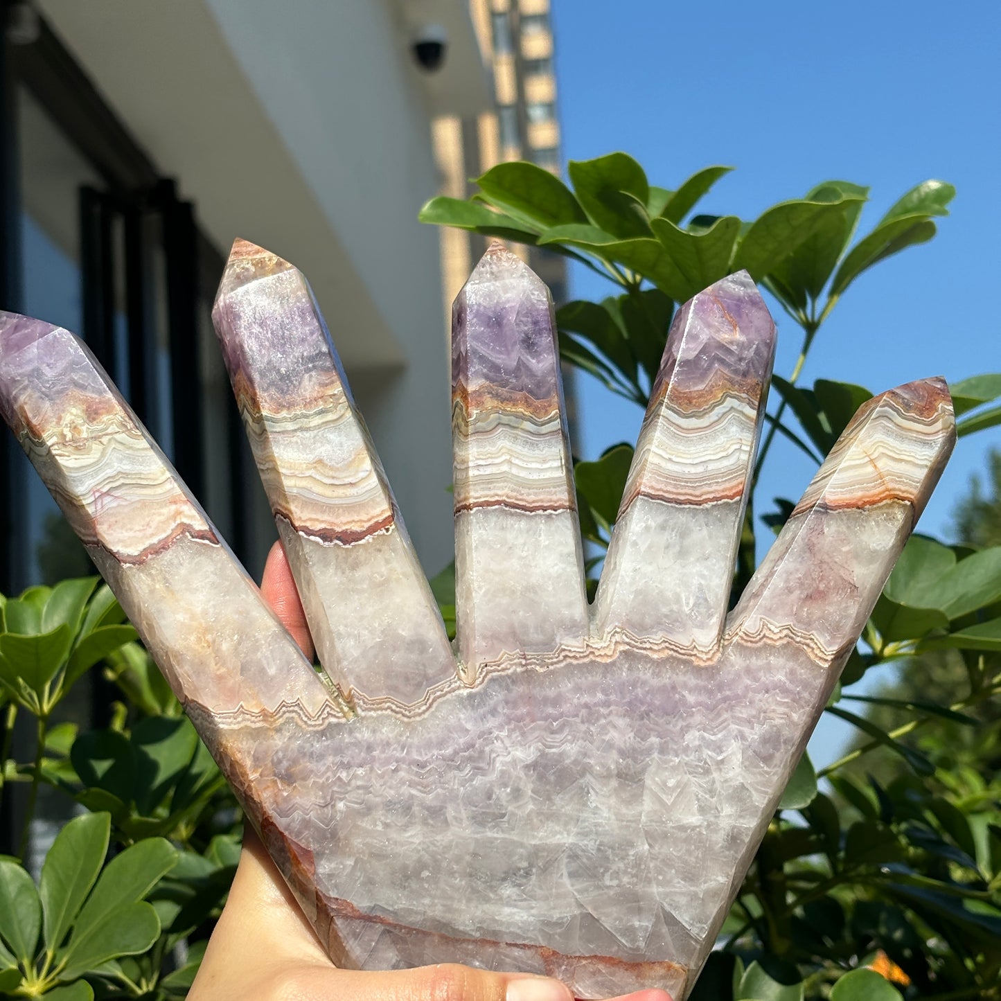 Mexican Crazy Agate and Amethyst Symbiosis Hand Carved Multi-Headed Tower – Beautiful Crystal Decoration with Natural Banding Pattern