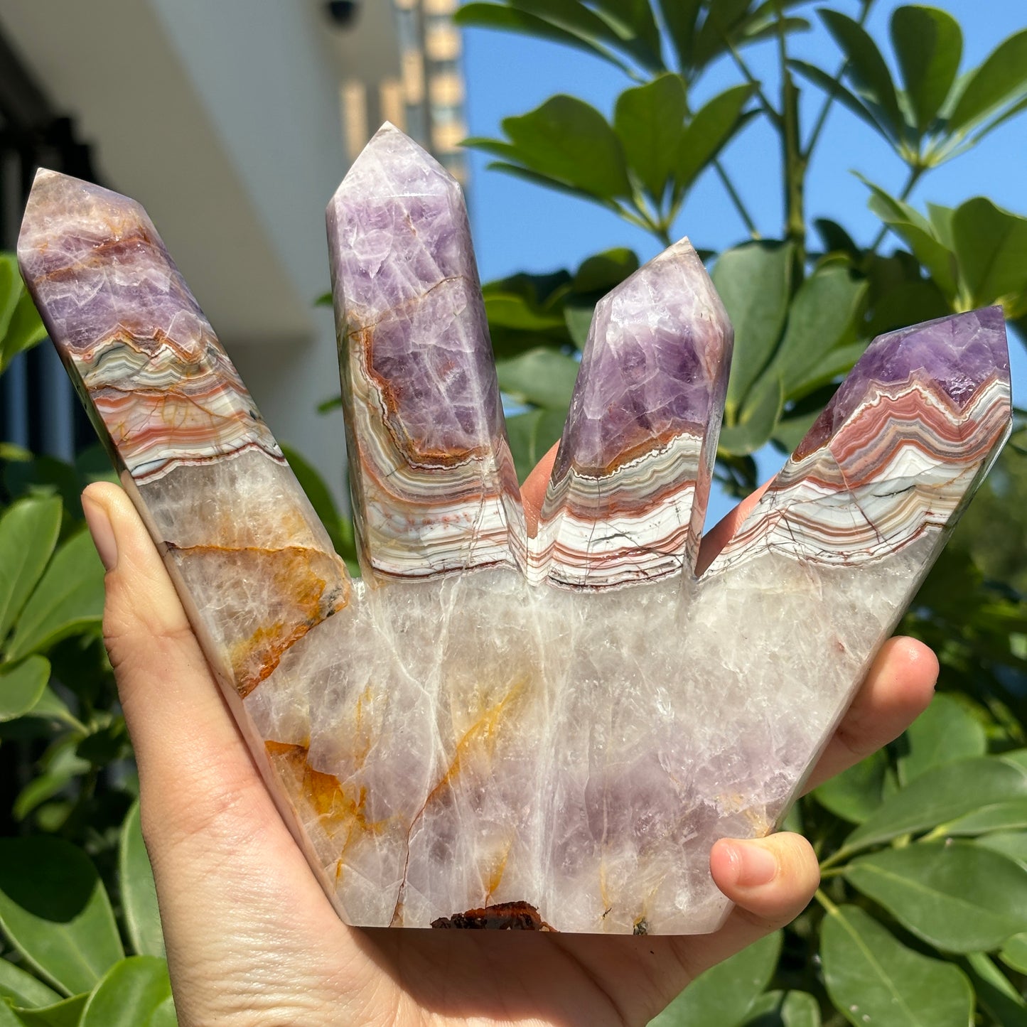 Mexican Crazy Agate and Amethyst Symbiosis Hand Carved Multi-Headed Tower – Beautiful Crystal Decoration with Natural Banding Pattern