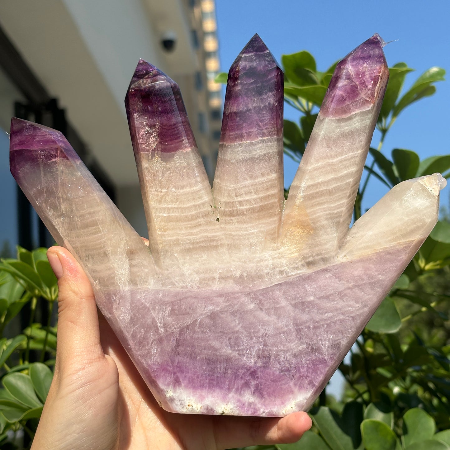 Mexican Crazy Agate and Amethyst Symbiosis Hand Carved Multi-Headed Tower – Beautiful Crystal Decoration with Natural Banding Pattern