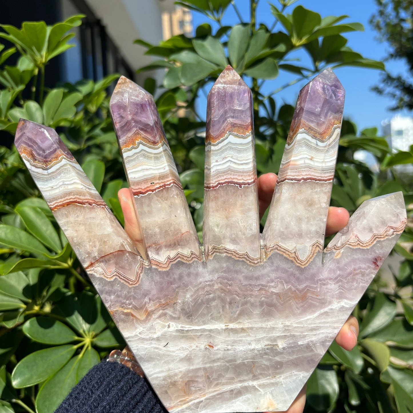 Mexican Crazy Agate and Amethyst Symbiosis Hand Carved Multi-Headed Tower – Beautiful Crystal Decoration with Natural Banding Pattern