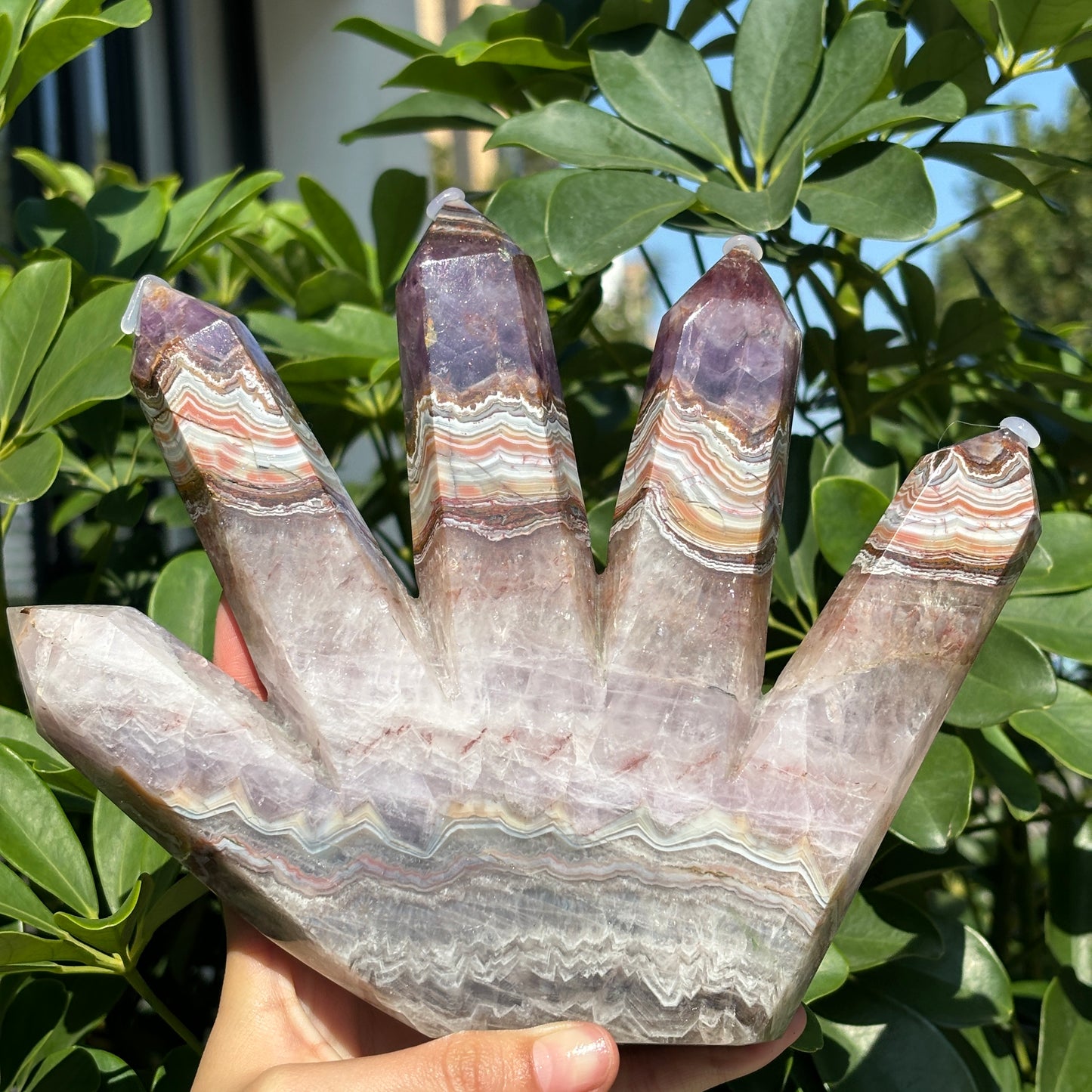 Mexican Crazy Agate and Amethyst Symbiosis Hand Carved Multi-Headed Tower – Beautiful Crystal Decoration with Natural Banding Pattern