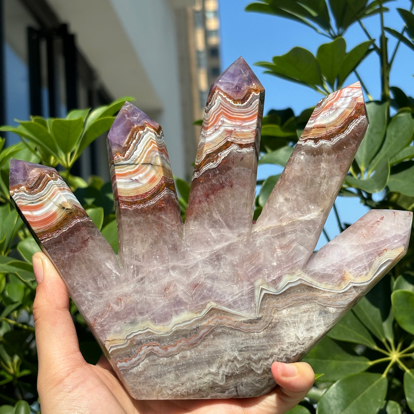 Mexican Crazy Agate and Amethyst Symbiosis Hand Carved Multi-Headed Tower – Beautiful Crystal Decoration with Natural Banding Pattern