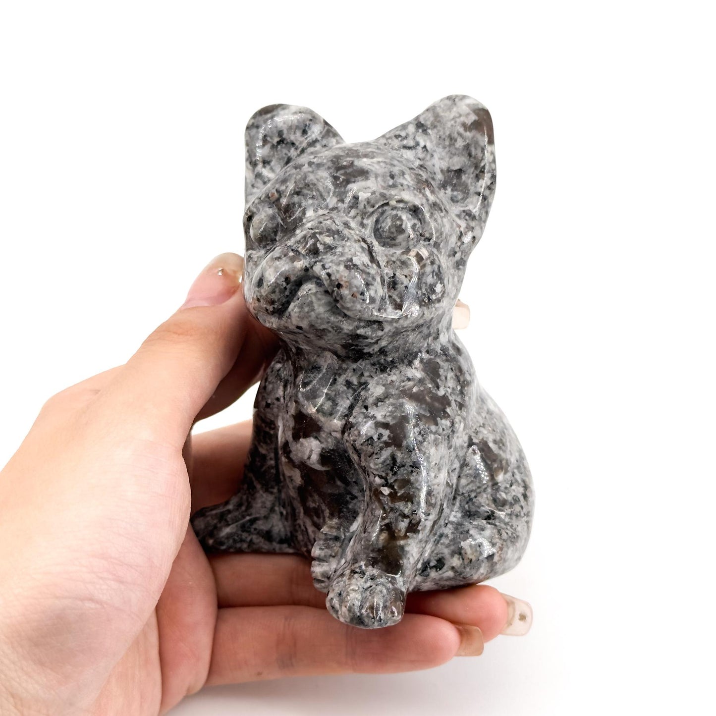 Yooperlite French Bulldog Natural Crystal Carving:crystal ornaments, uv light reaction energy stone, desktop decoration