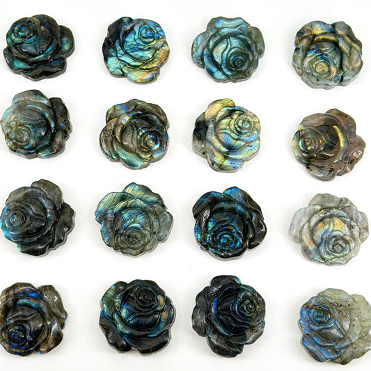 Hand-Carved Labradorite Rose Figurines - Iridescent Crystal Roses for TikTok Decor, Healing, and Gifts