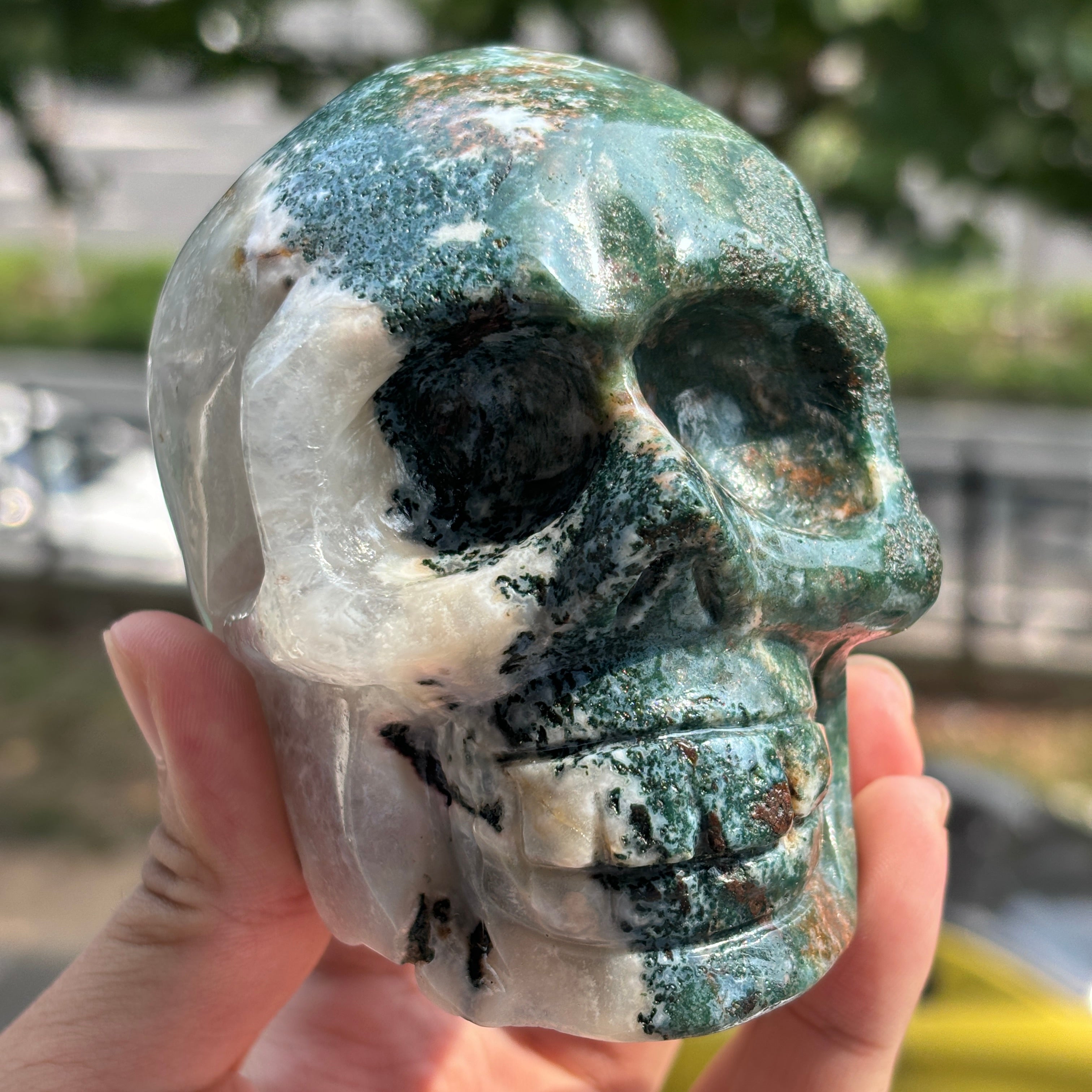 Handcrafted Moss Agate Skull - Mystical and Delicate Crystal
