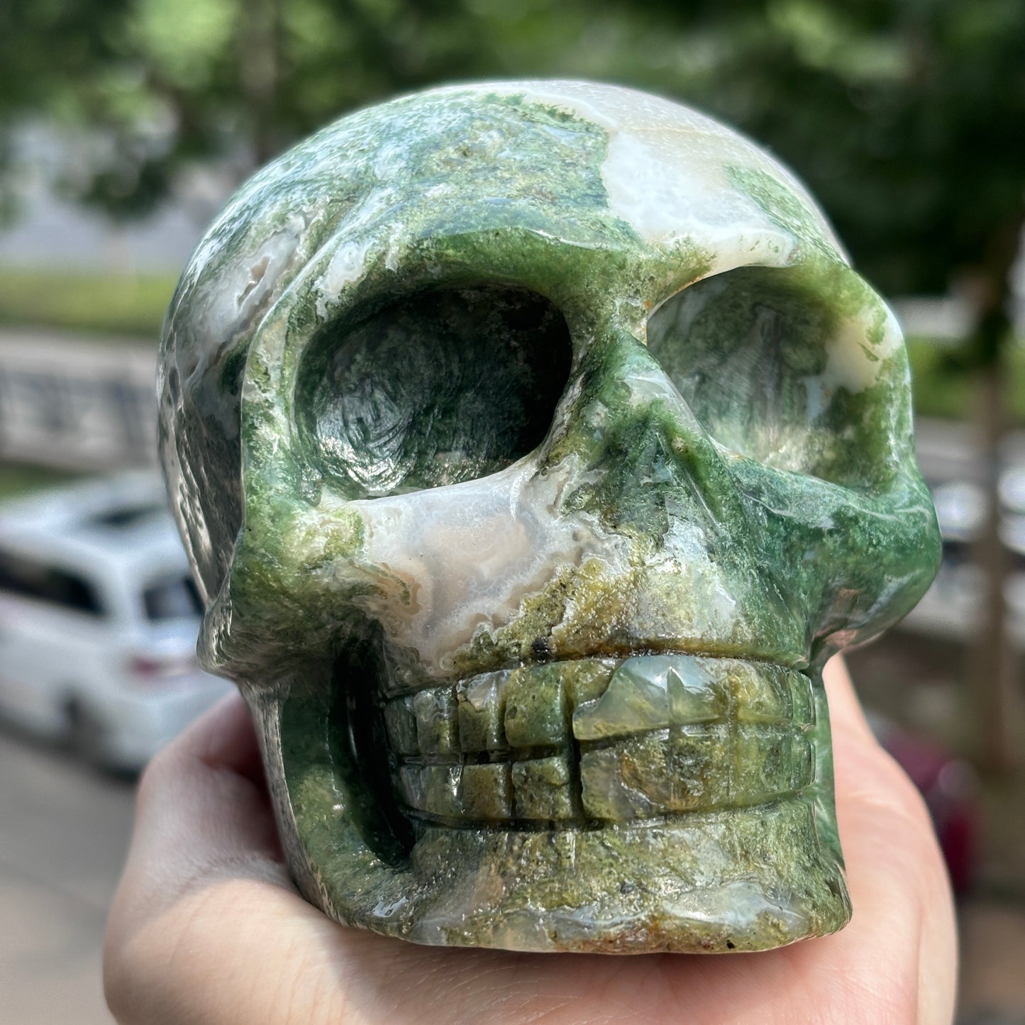 "Handcrafted Moss Agate Skull - Mystical and Delicate Crystal Carving"