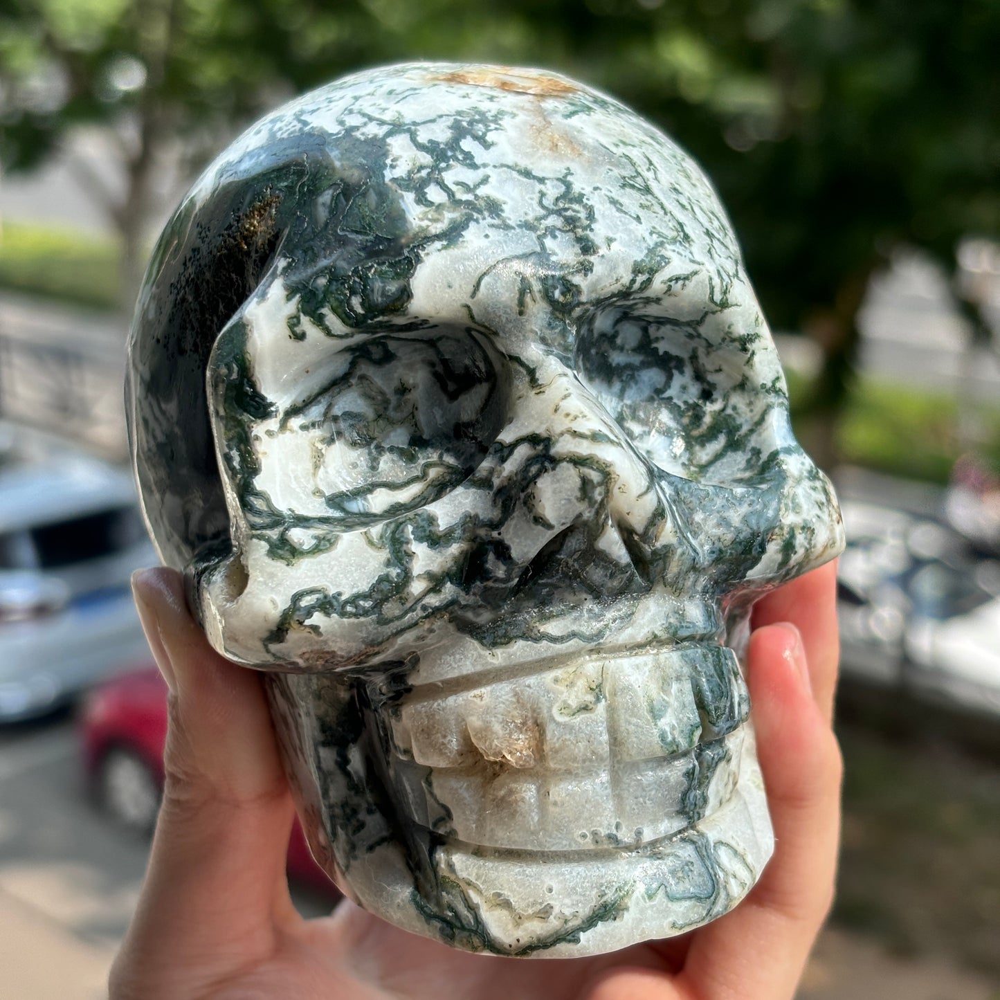 "Handcrafted Moss Agate Skull - Mystical and Delicate Crystal Carving"