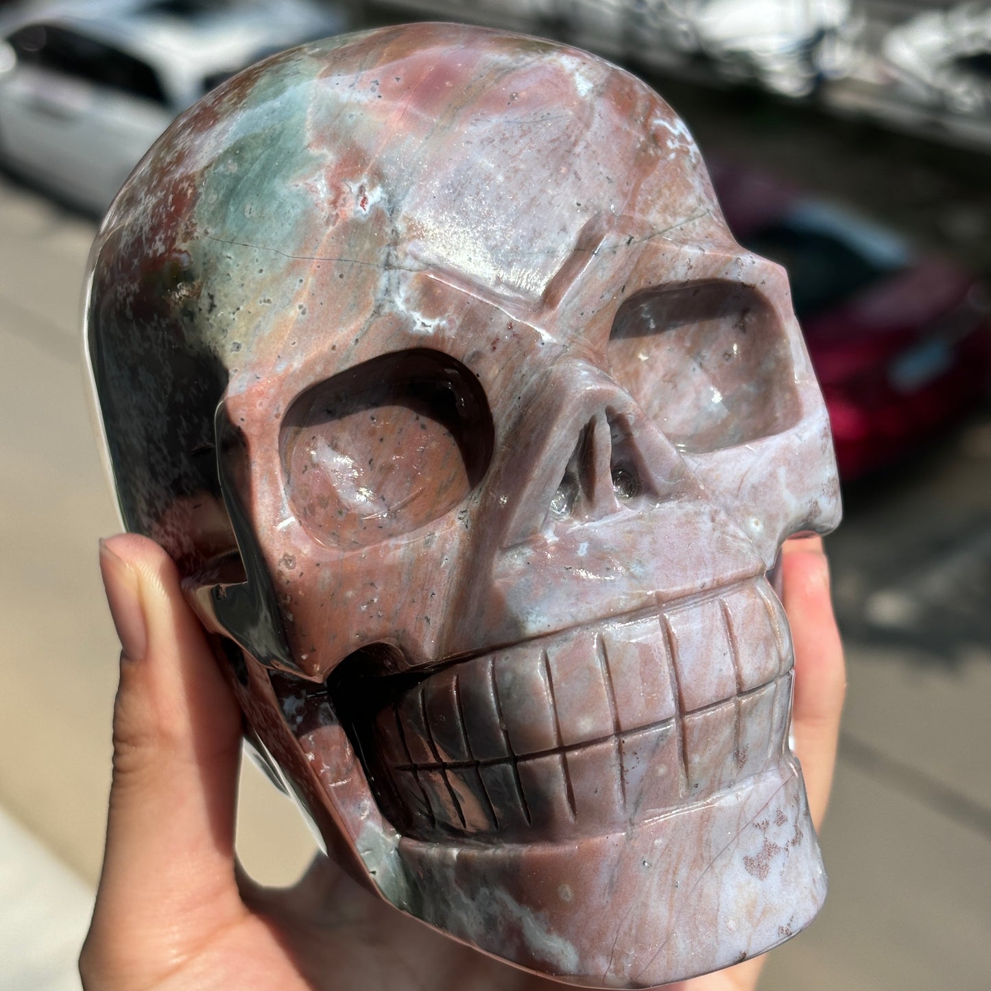 "Handcrafted Jasper Skull - Unique Artisan Stone Sculpture"
