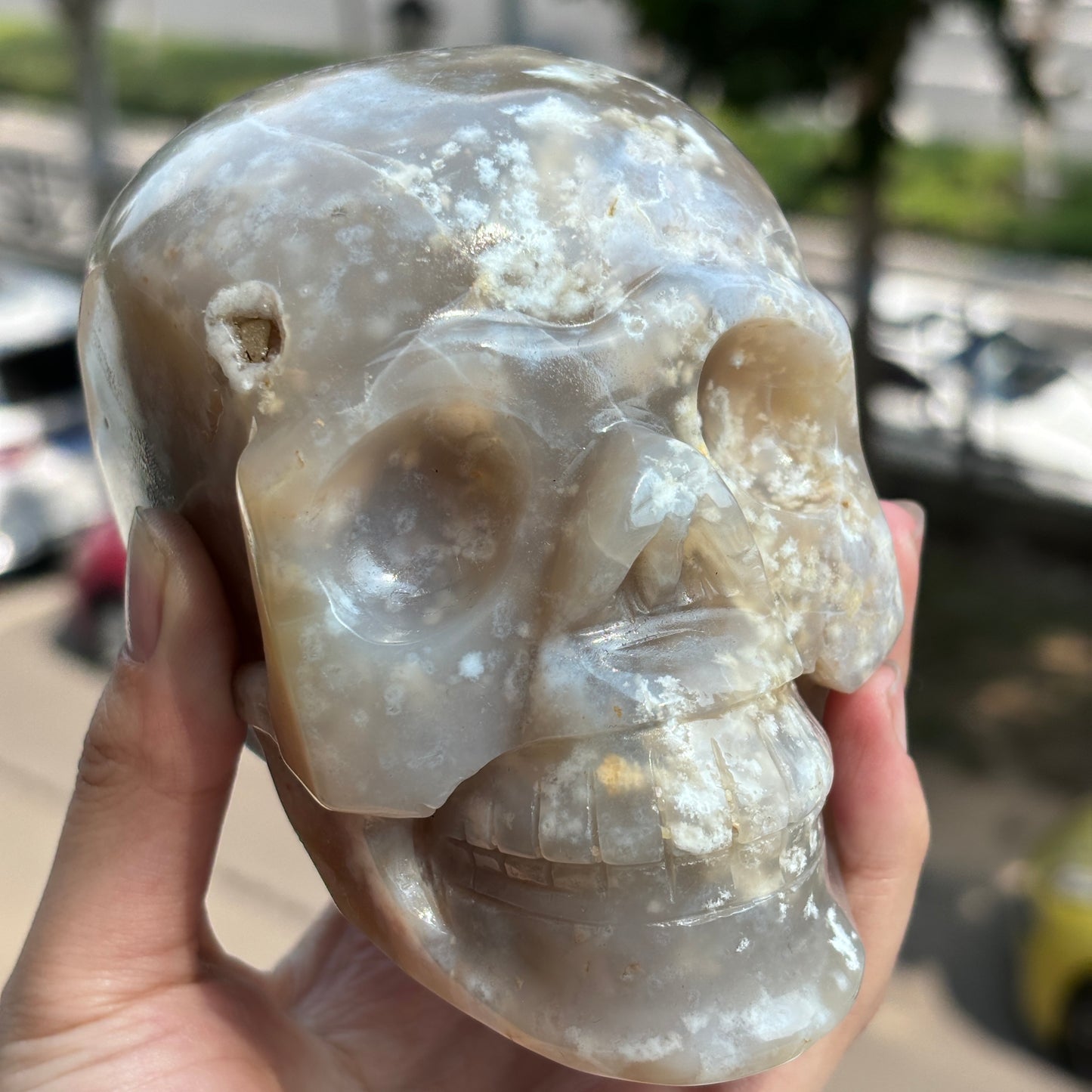 "Hand-Carved Flower Agate Crystal Skull - Unique Natural Stone Sculpture"