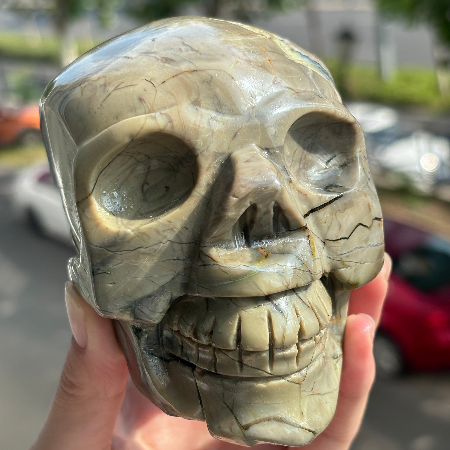 Hand-Carved Volcanic Agate Skull - Unique Artisan Stone Sculpture"