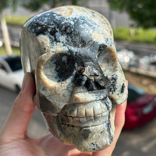 Hand-Carved Volcanic Agate Skull - Unique Artisan Stone Sculpture"