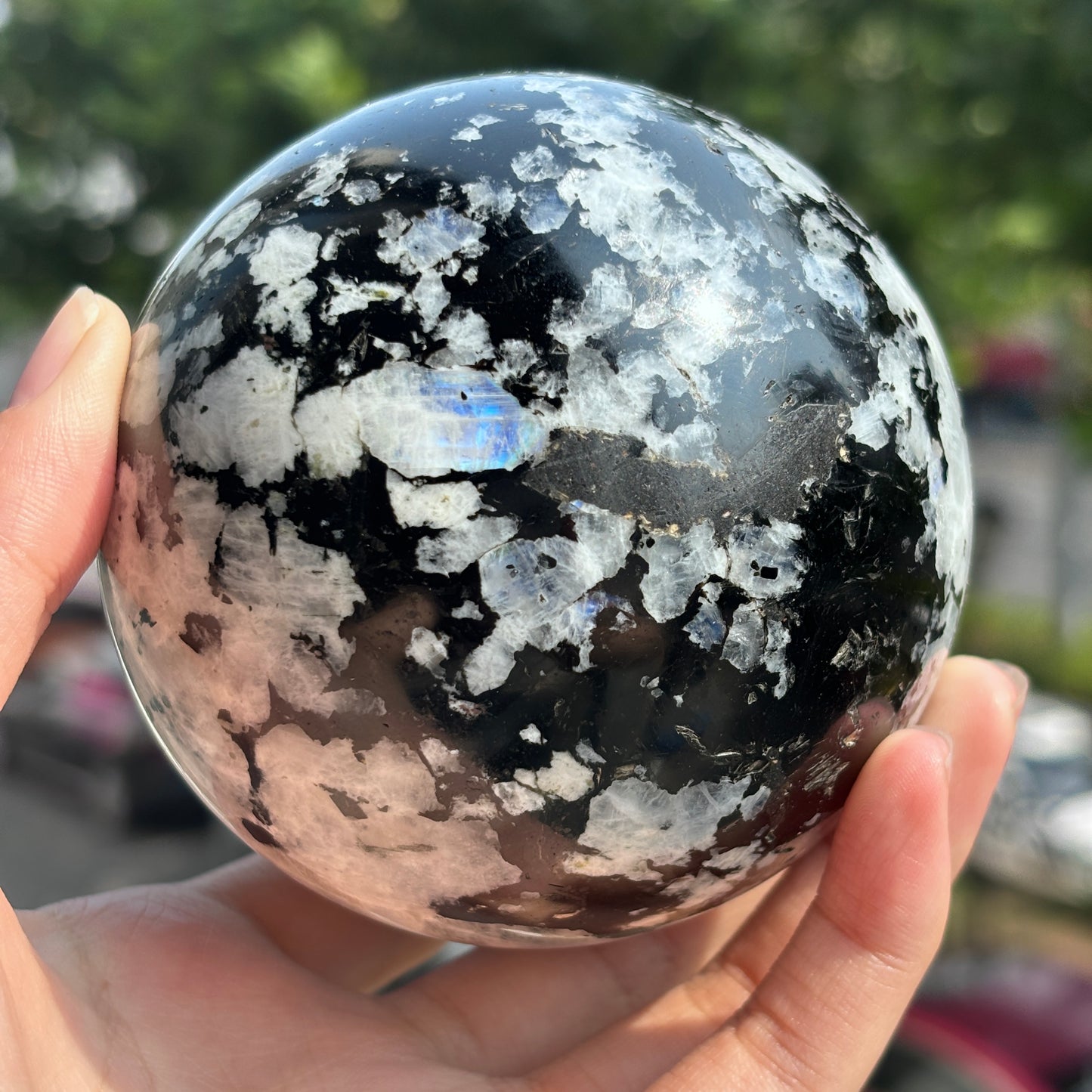 "Enchanted  Moonstone Sphere - Iridescent Glow & Deep Mystique"