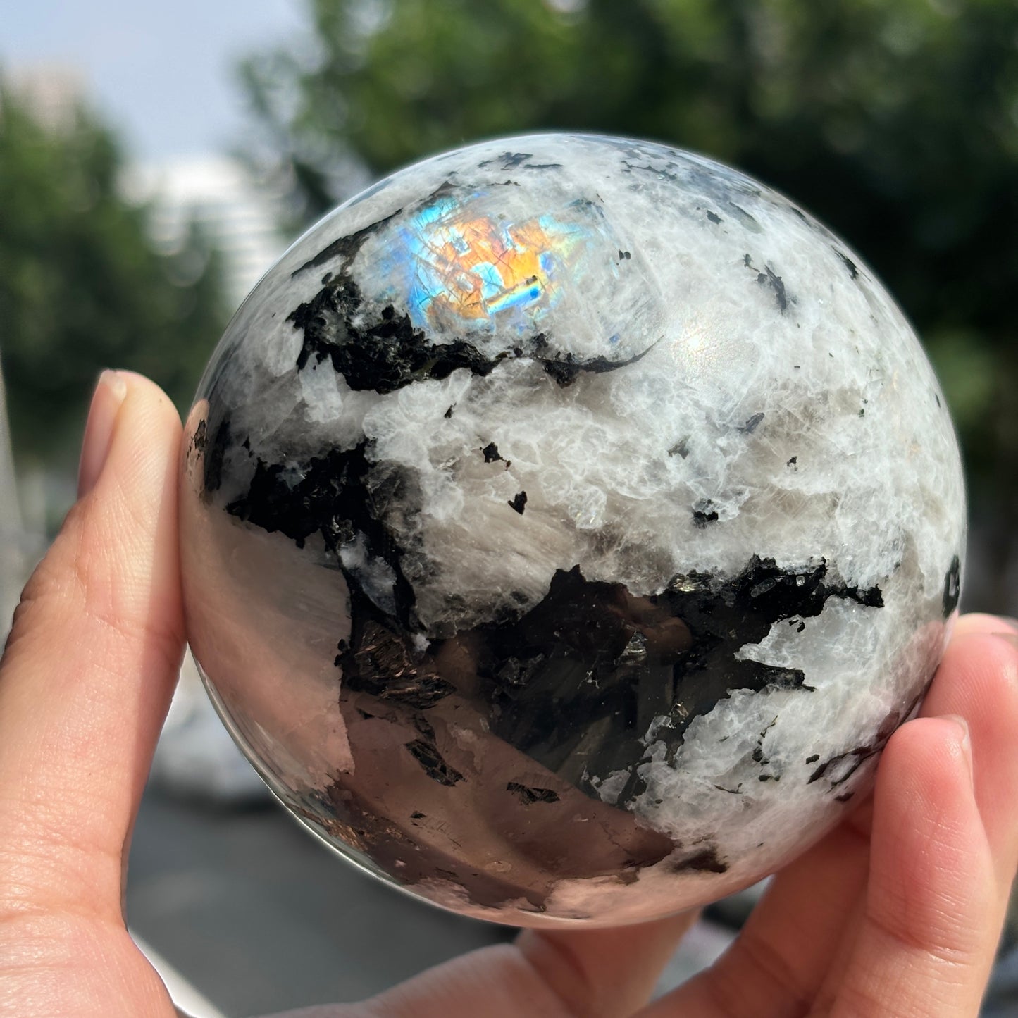 "Enchanted  Moonstone Sphere - Iridescent Glow & Deep Mystique"