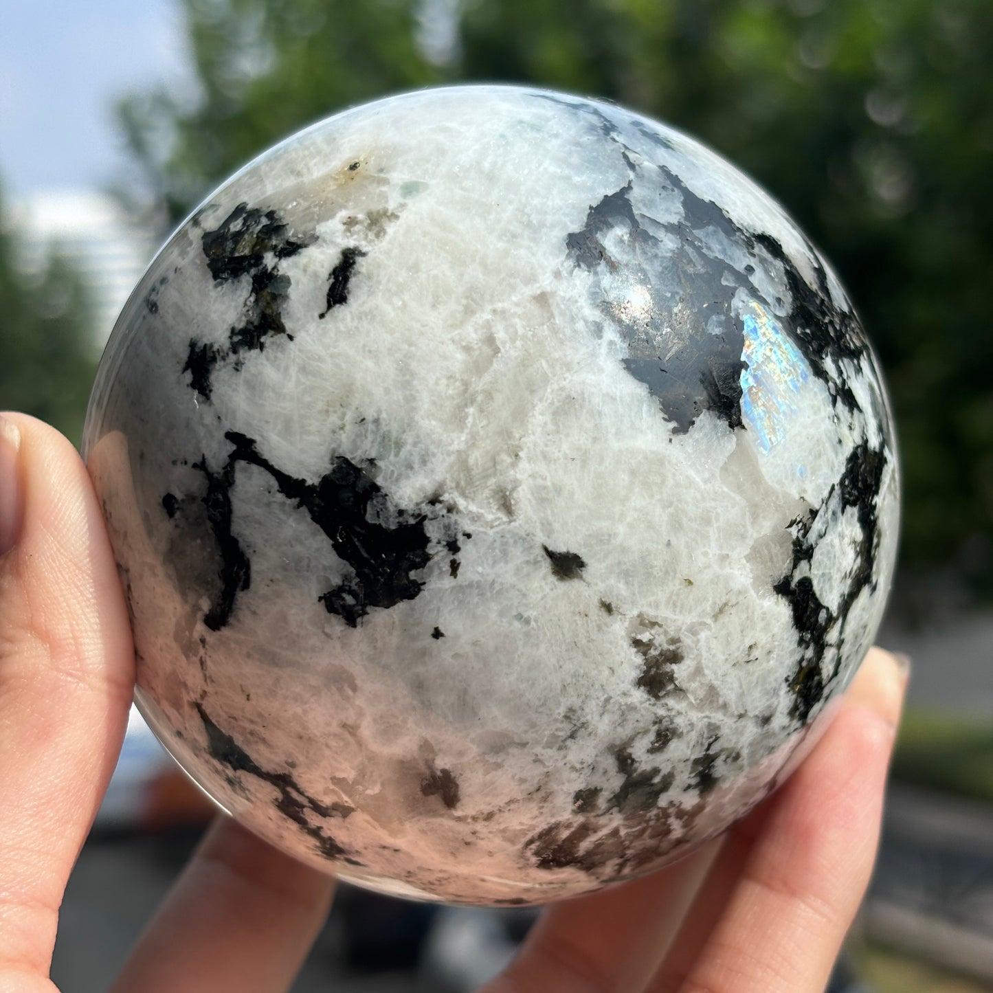 "Enchanted  Moonstone Sphere - Iridescent Glow & Deep Mystique"