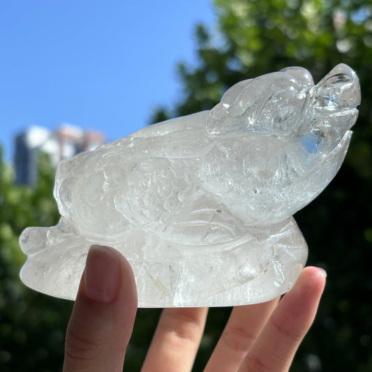 "Hand-Carved Clear Quartz Dragon Figurine | Unique Crystal Carving for Display"