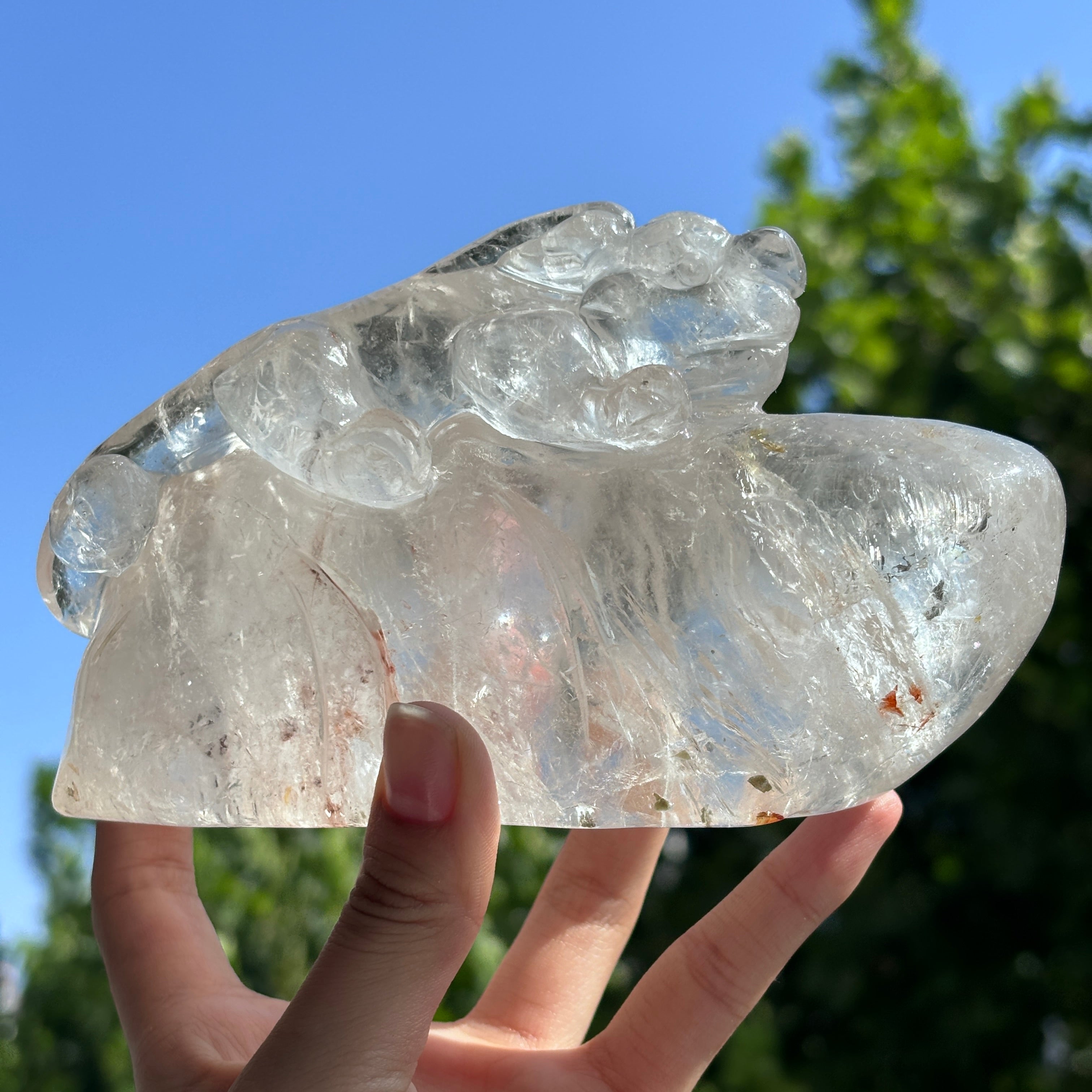 "Hand-Carved Clear Quartz Dragon Figurine | Unique Crystal Carving for Display"