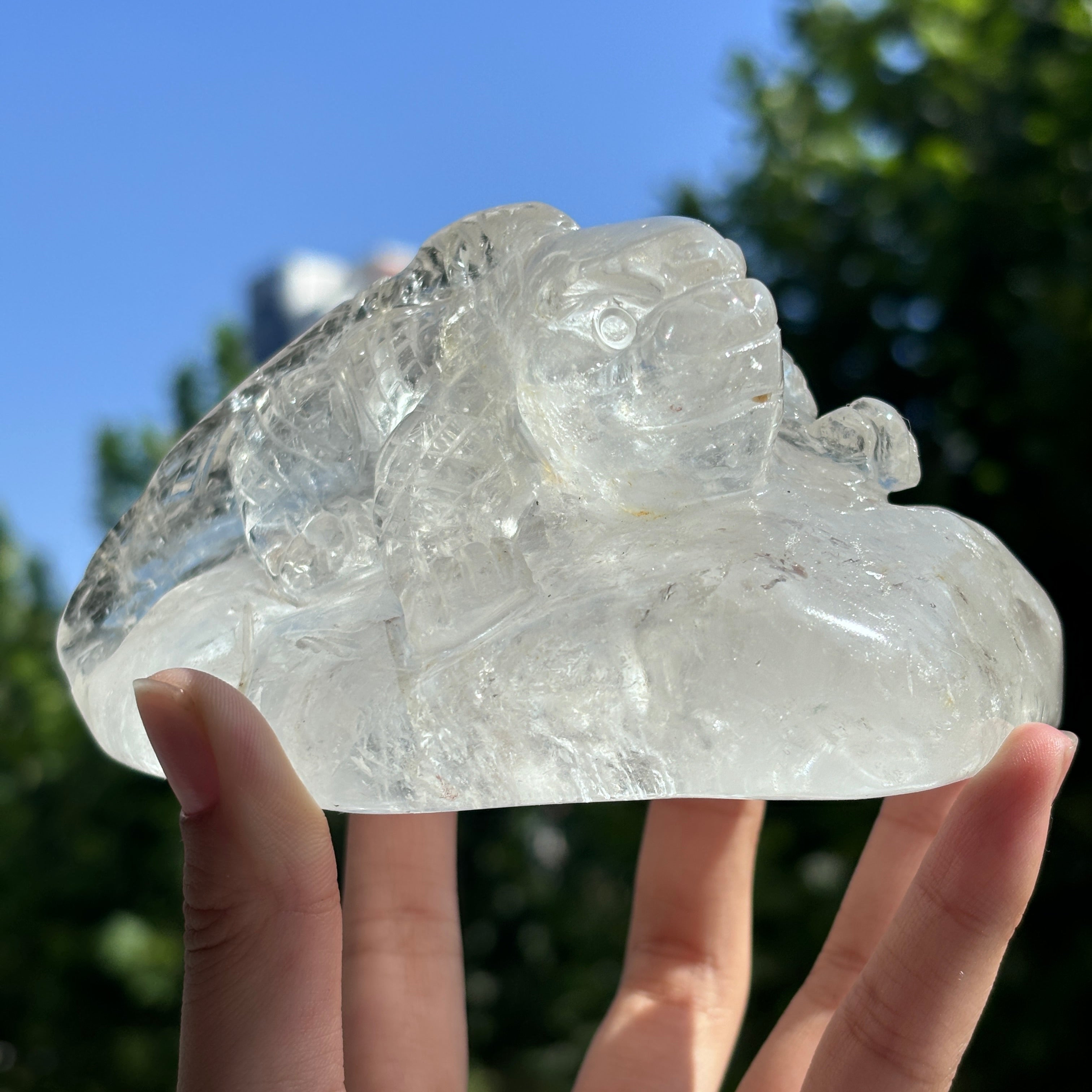 "Hand-Carved Clear Quartz Dragon Figurine | Unique Crystal Carving for Display"