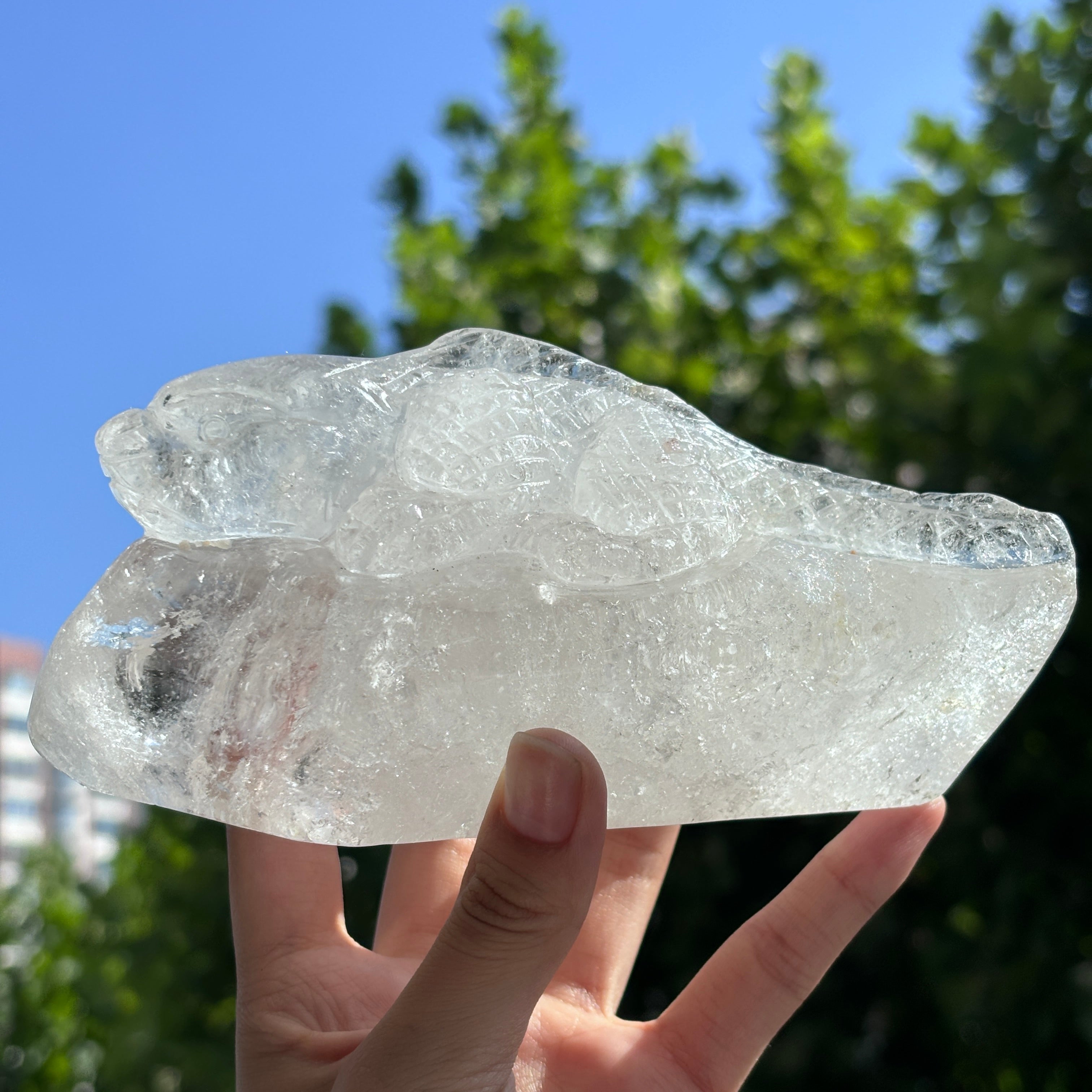 "Hand-Carved Clear Quartz Dragon Figurine | Unique Crystal Carving for Display"
