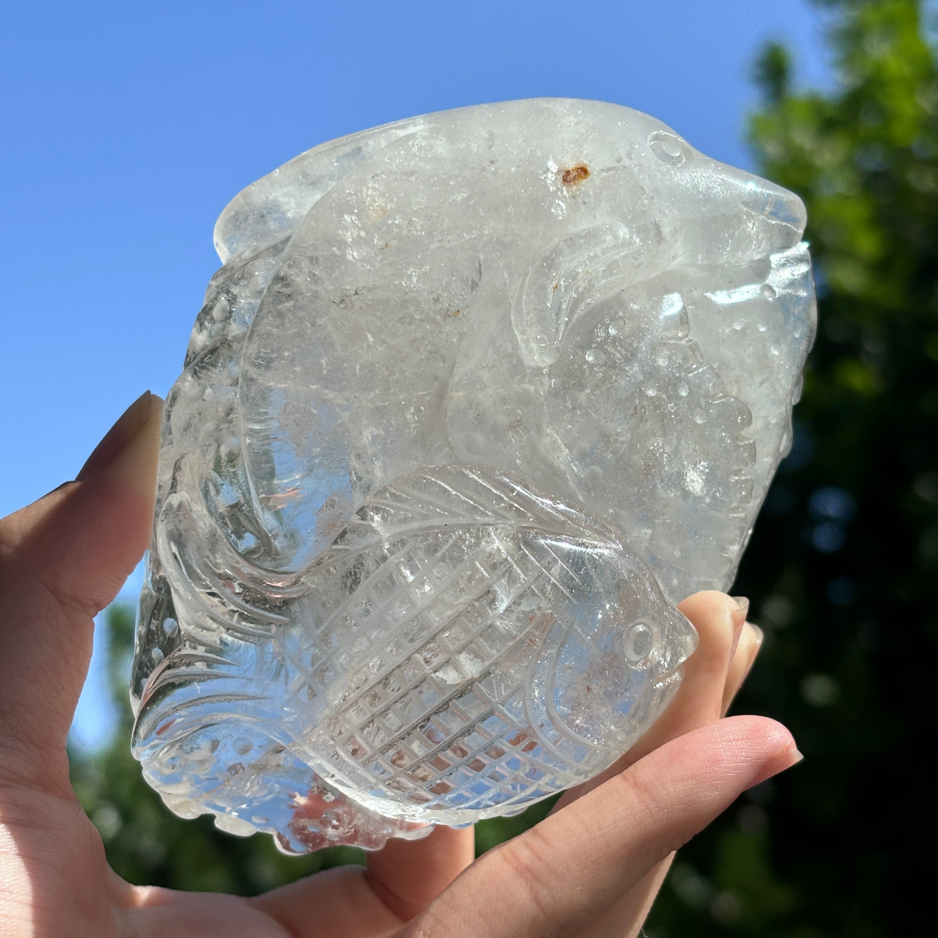 "Hand-Carved Clear Quartz Dragon Figurine | Unique Crystal Carving for Display"
