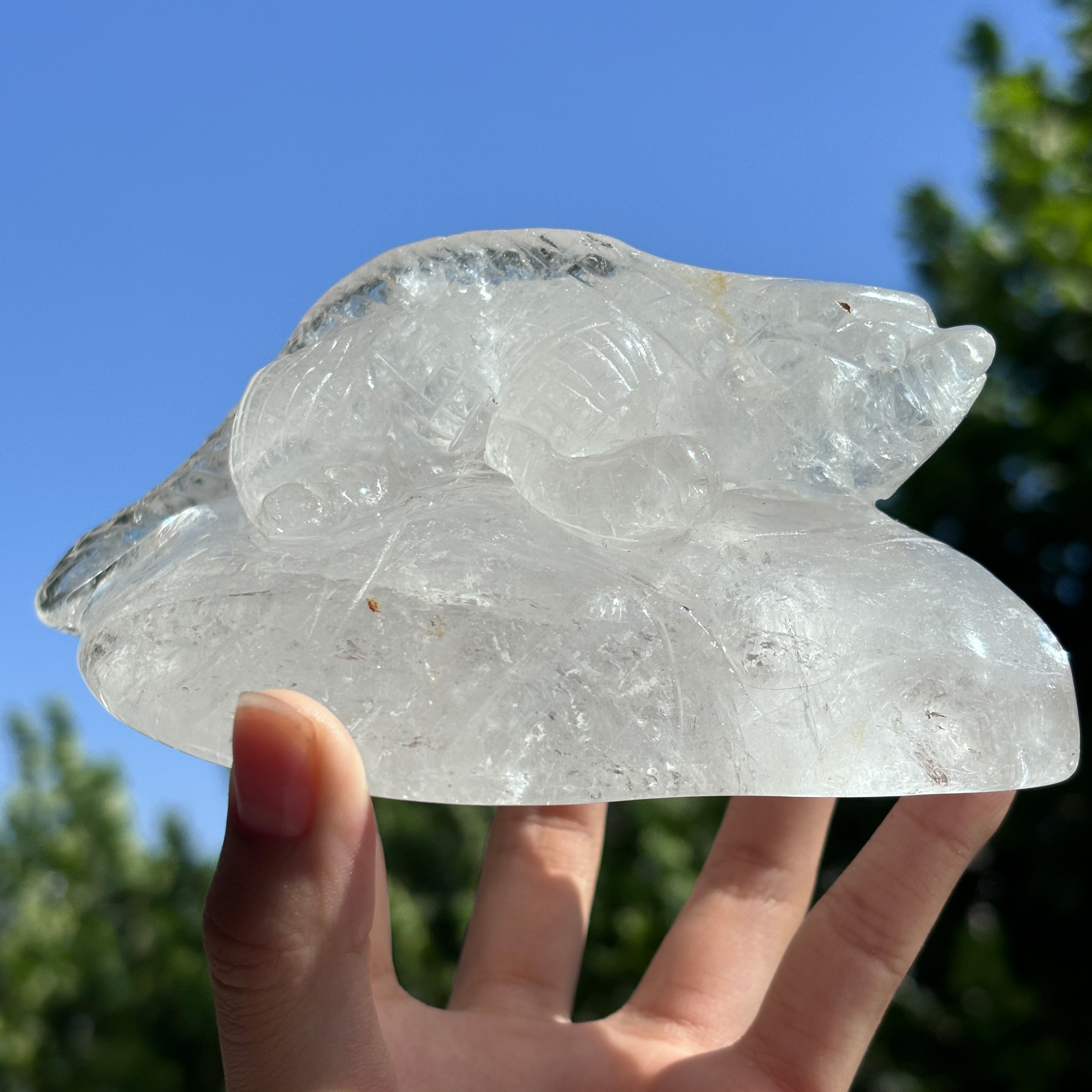 "Hand-Carved Clear Quartz Dragon Figurine | Unique Crystal Carving for Display"