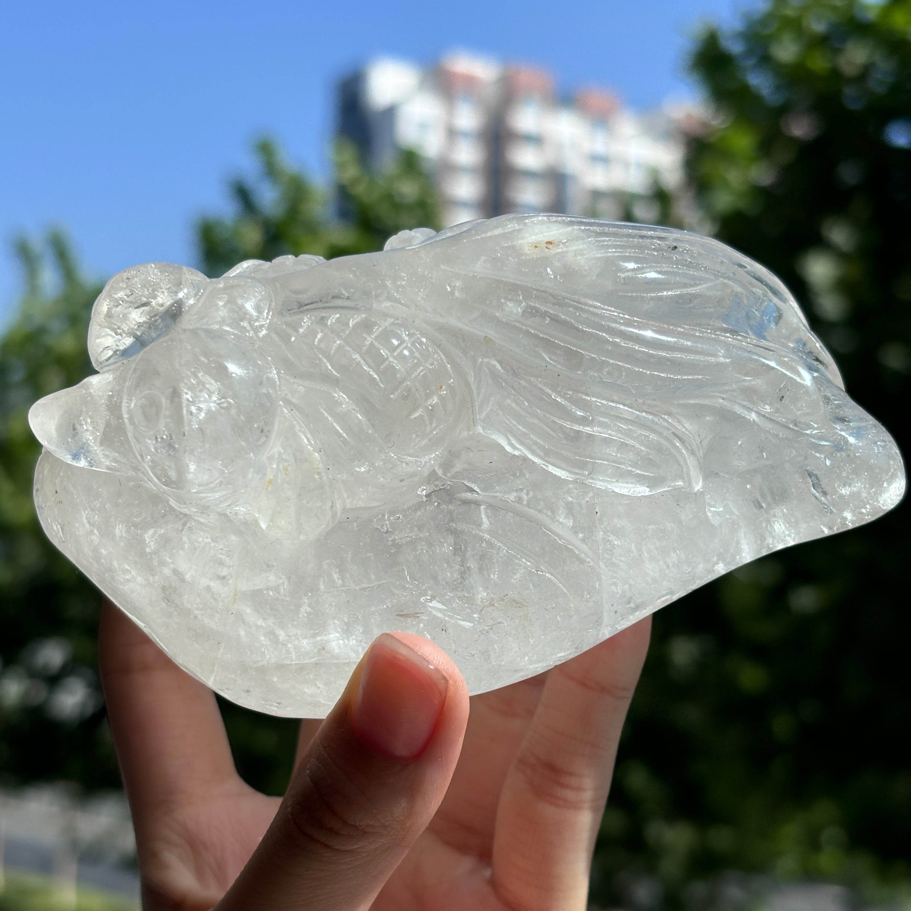 "Hand-Carved Clear Quartz Dragon Figurine | Unique Crystal Carving for Display"