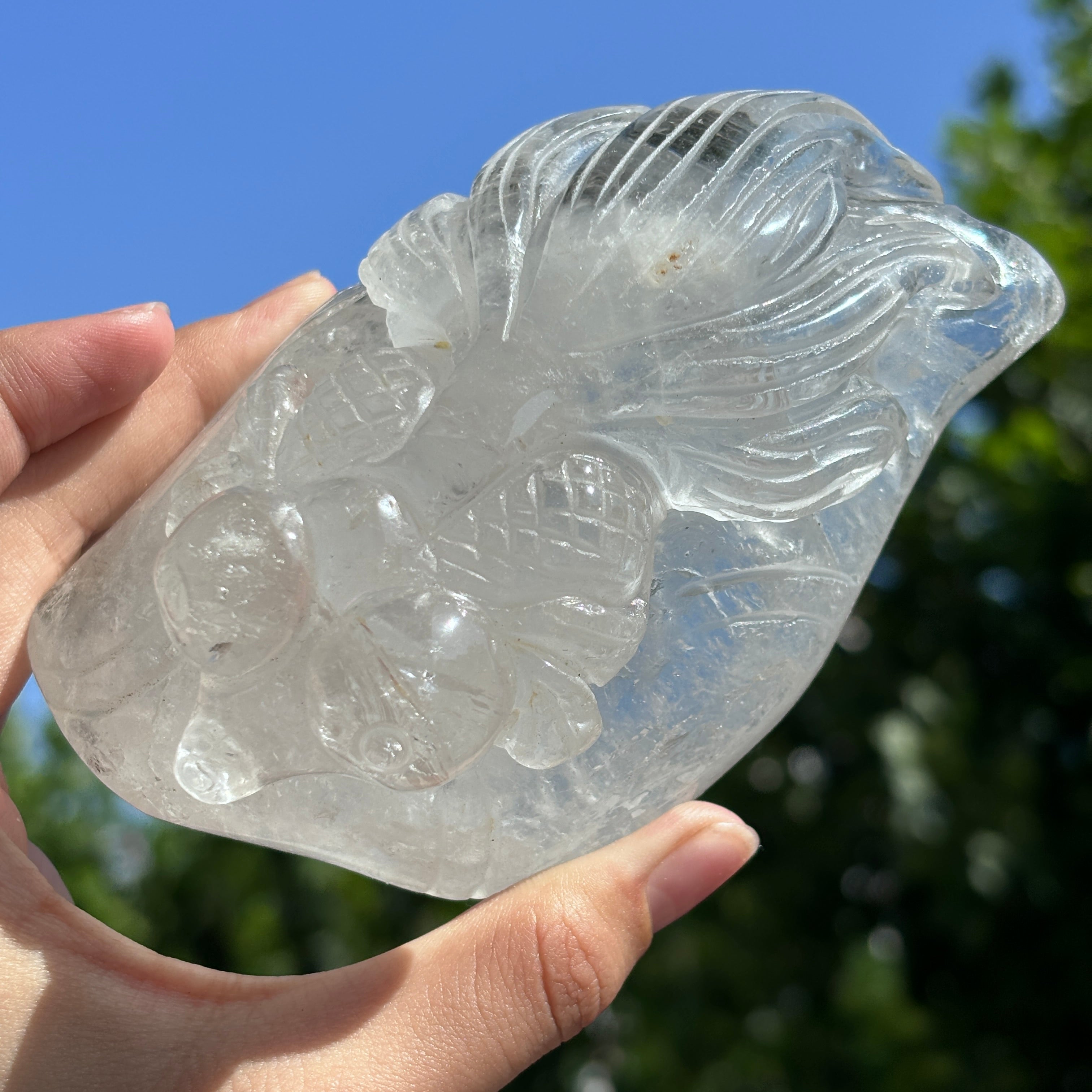 "Hand-Carved Clear Quartz Dragon Figurine | Unique Crystal Carving for Display"
