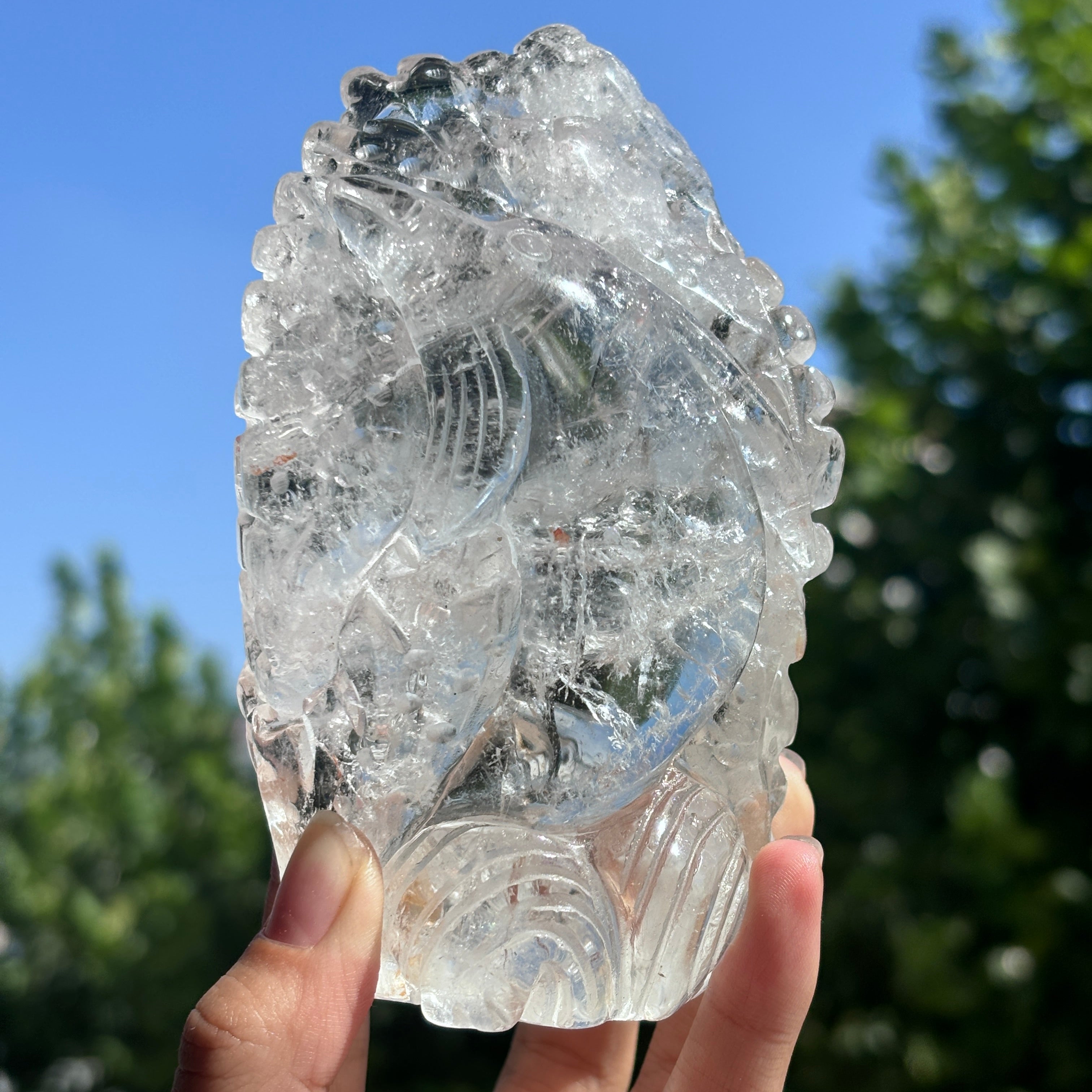 "Hand-Carved Clear Quartz Dragon Figurine | Unique Crystal Carving for Display"