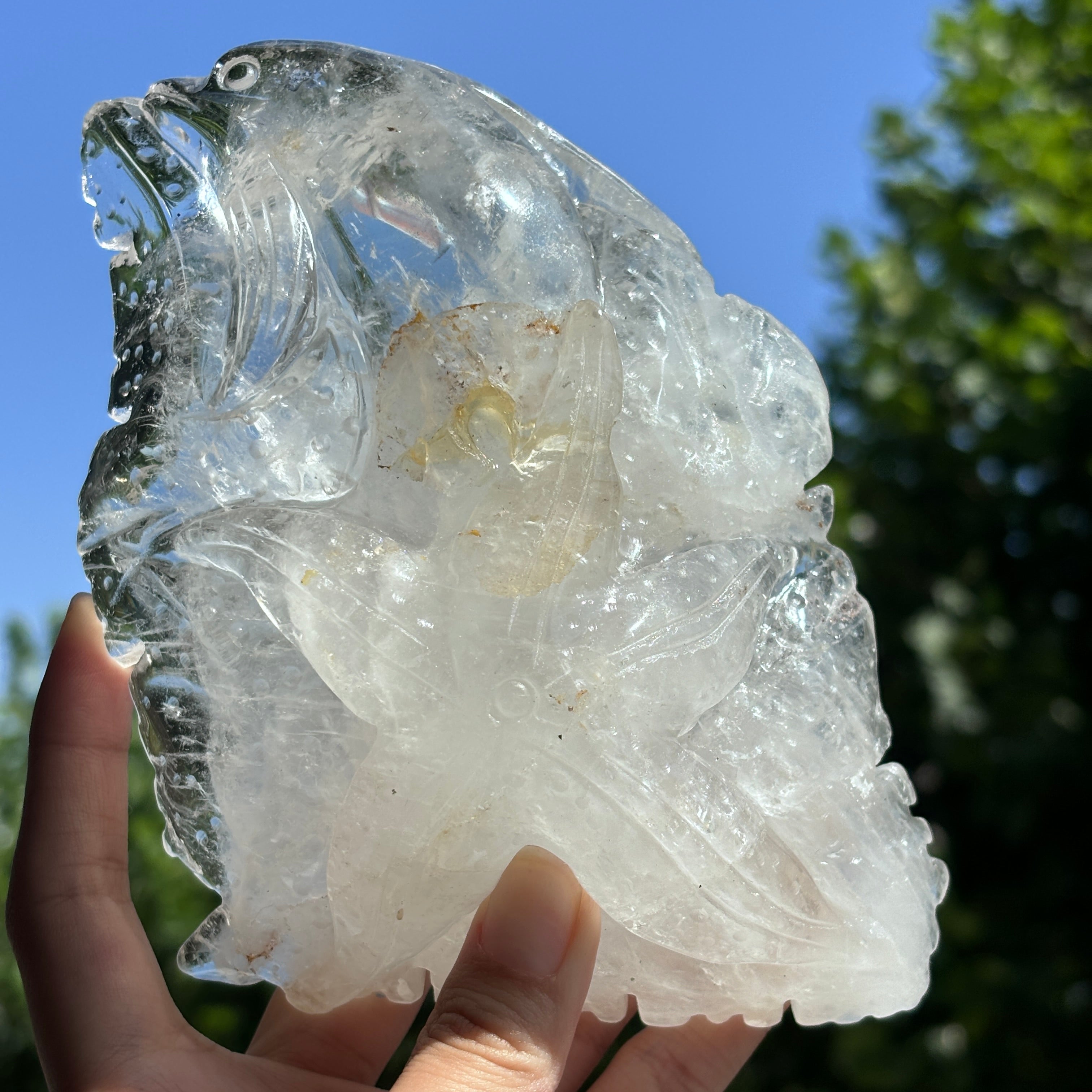 "Hand-Carved Clear Quartz Dragon Figurine | Unique Crystal Carving for Display"