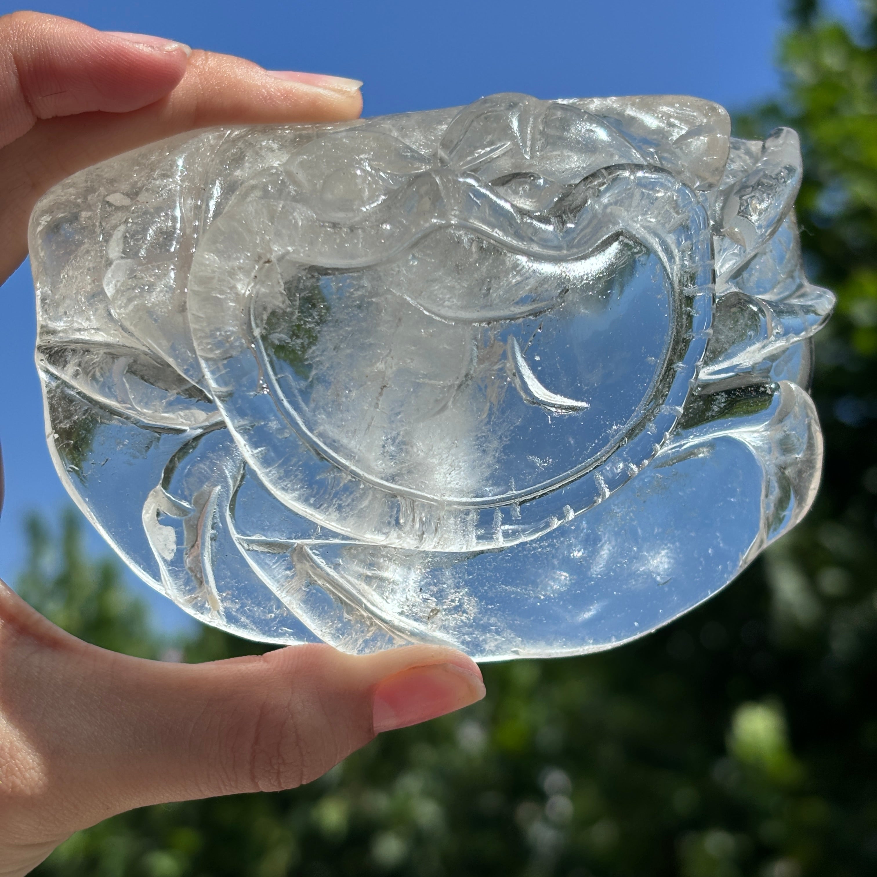 "Hand-Carved Clear Quartz Dragon Figurine | Unique Crystal Carving for Display"