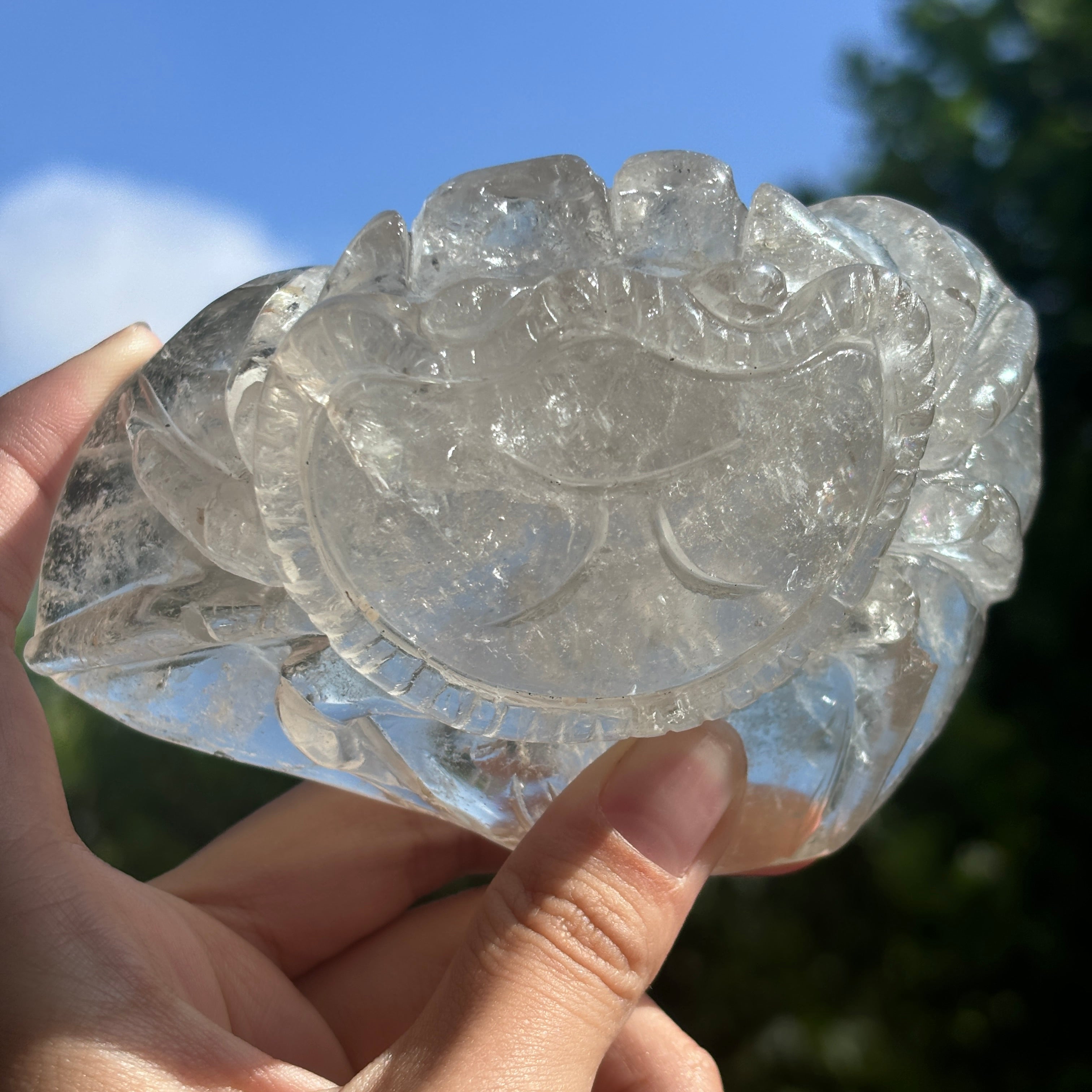 "Hand-Carved Clear Quartz Dragon Figurine | Unique Crystal Carving for Display"