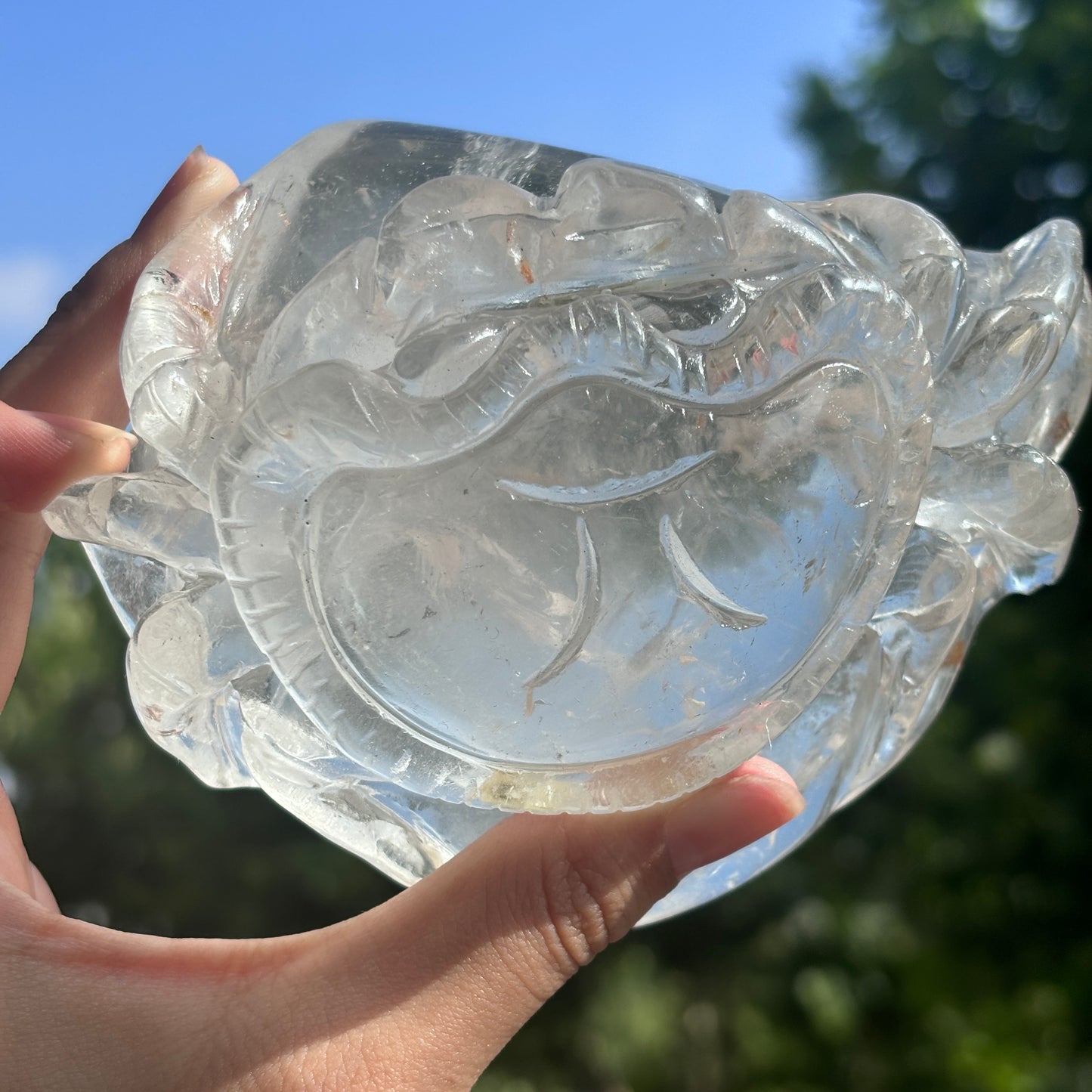 "Hand-Carved Clear Quartz Dragon Figurine | Unique Crystal Carving for Display"