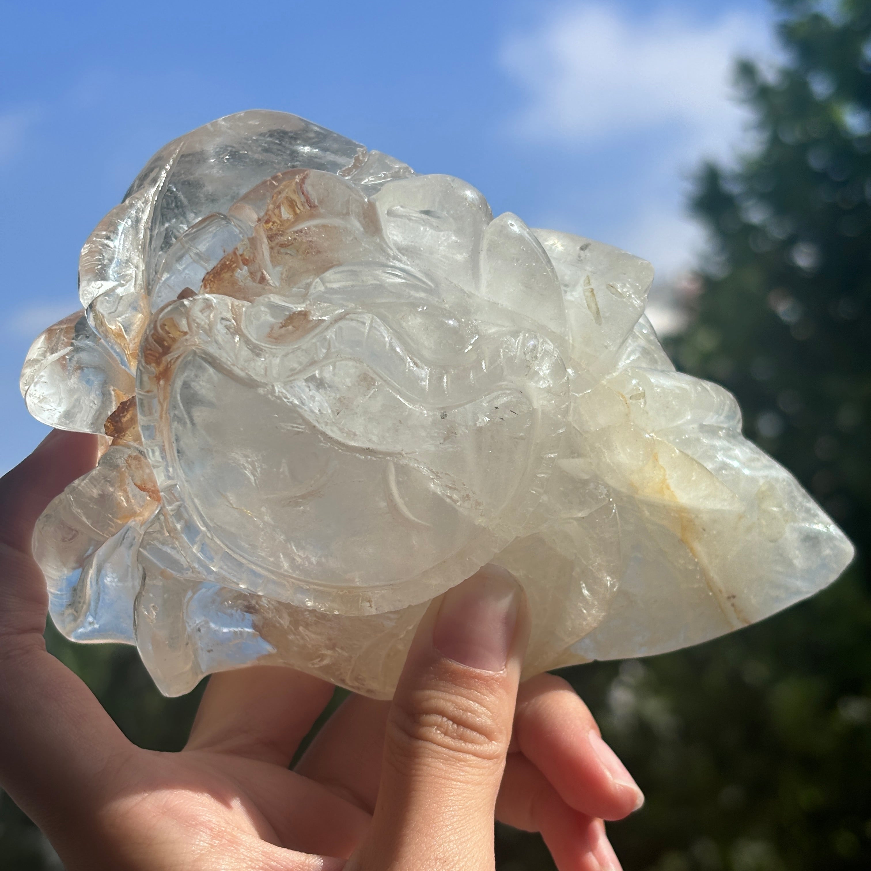 "Hand-Carved Clear Quartz Dragon Figurine | Unique Crystal Carving for Display"