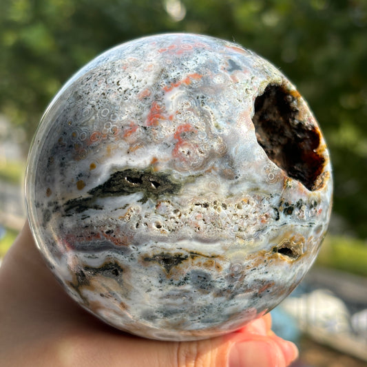 "Natural Ocean Jasper Sphere - Calming Energy and Unique Patterns"